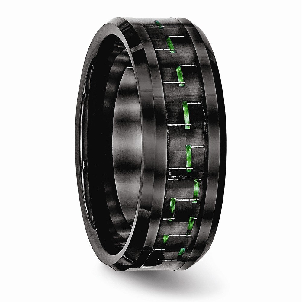 Black Ceramic Wedding Band Ring with Green Carbon Fiber Inlay - Comfort Fit Beveled Edge for Men - Perfect for Engagement, Anniversary & Everyday Wear