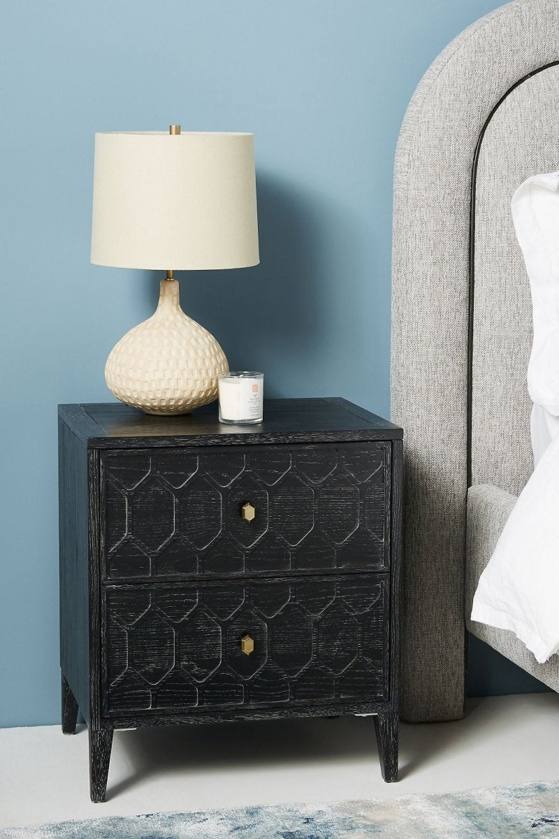 Hand Carved Textured Wooden Nightstand with 2 Drawers - Black Bedside Table for Bedroom | Modern Bedroom Furniture, Small Space Storage Solution
