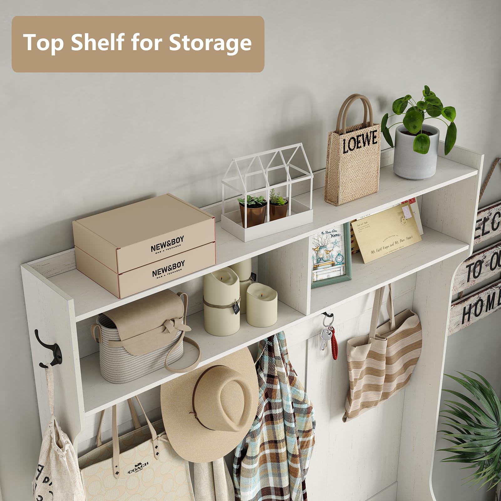 Farmhouse Style Hall Tree with Coat Rack & Shoe Storage - White Entryway Bench with 7 Hooks, 10-Shoe Organizer & Adjustable Shelf - Perfect for Mudroom, Foyer or Entryway Organization