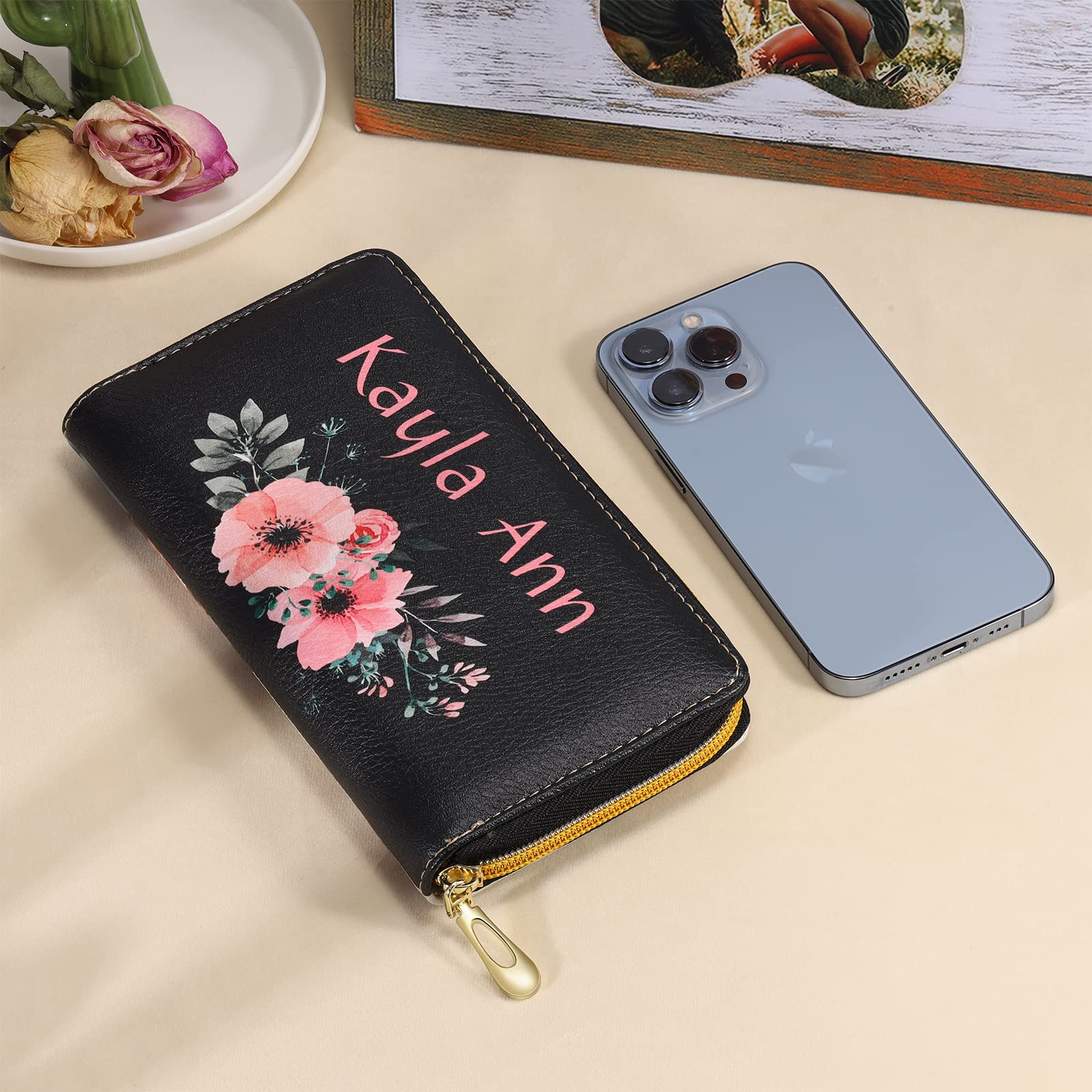 Custom Engraved Leather Wallets for Women - Personalized Photo Wallet with Zipper & Credit Card Slots - Valentine's Day Gift for Mom, Wife, Girlfriend - Perfect for Everyday Use, Travel & Special Occasions