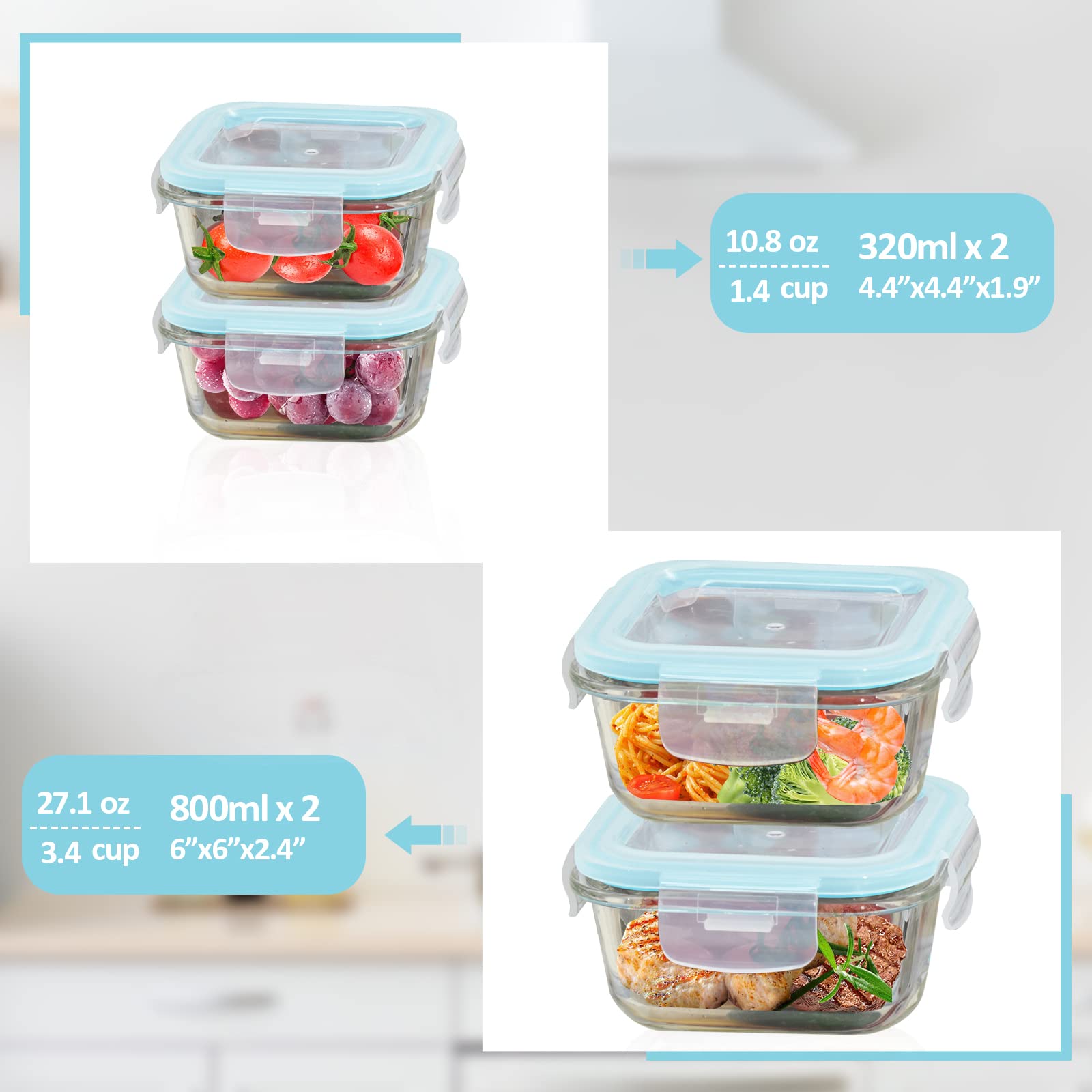Premium 4-Pack Airtight Glass Food Storage Containers with Lids - Leakproof, Shatter-Resistant & Oven/Dishwasher Safe - Perfect for Meal Prep, Leftovers & Pantry Organization (Blue)