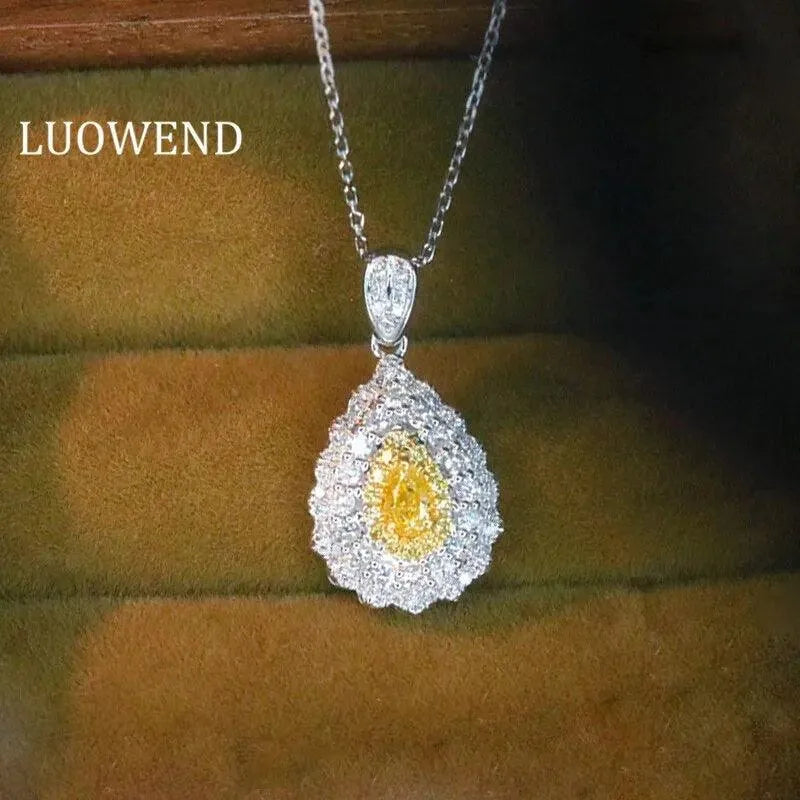 18K White Gold Real Yellow Natural Diamond Vintage Droplet Pendant Necklace for Women - Elegant Wedding, Anniversary & Special Occasion Jewelry Gift
