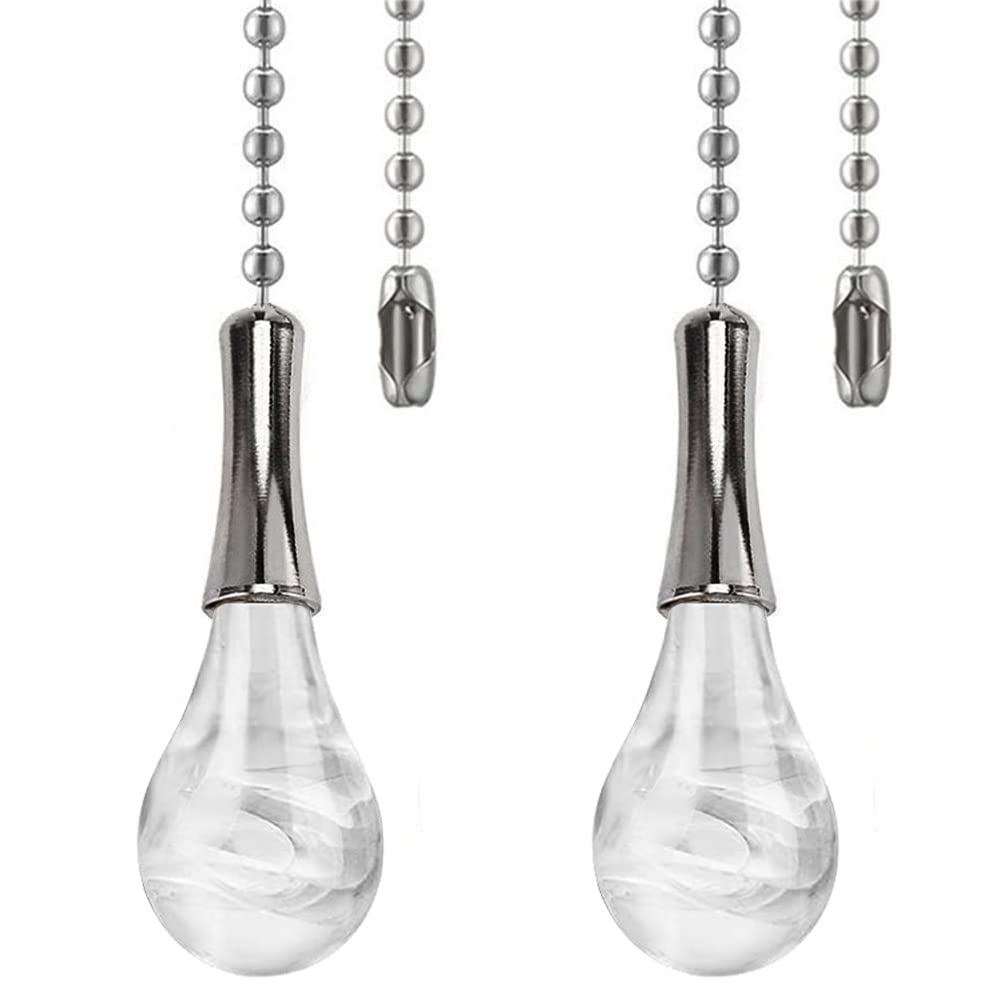 12 Inch Crystal Glass Light Bulb Ceiling Fan Pull Chain Ornaments - Decorative Extension for Ceiling Lights & Lamps - 2 Pack Nickel Finish - Perfect for Bedroom, Living Room & Home Decor