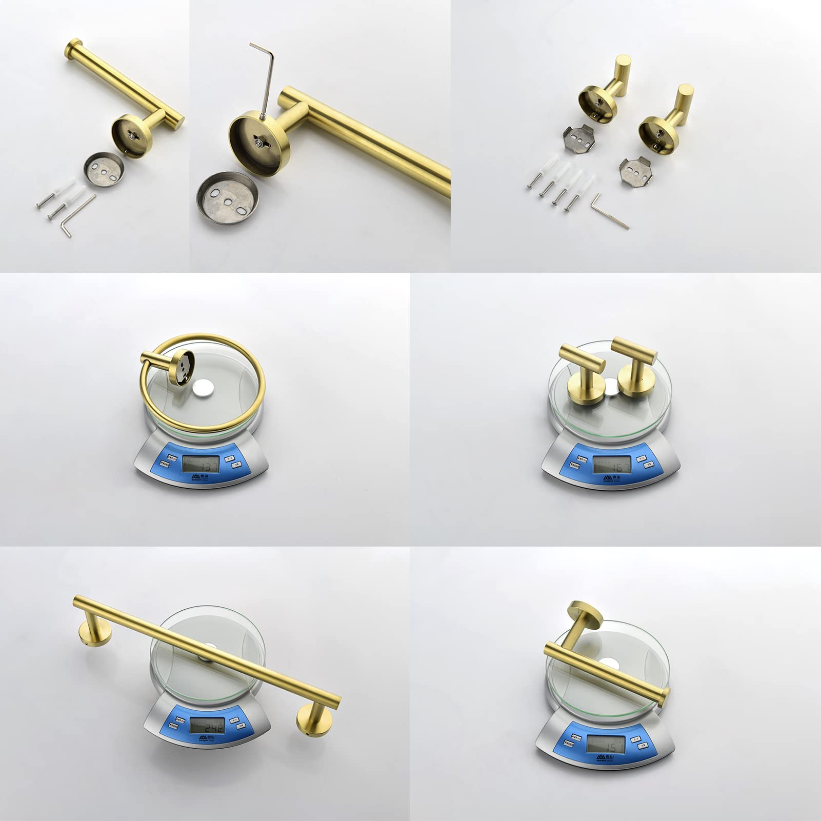 6-Piece Bathroom Hardware Set - SUS304 Stainless Steel Wall Mounted Towel Bar, Toilet Paper Holder & Robe Hooks - Modern Gold Bathroom Accessories Kit for Home, Hotel & Spa Decor
