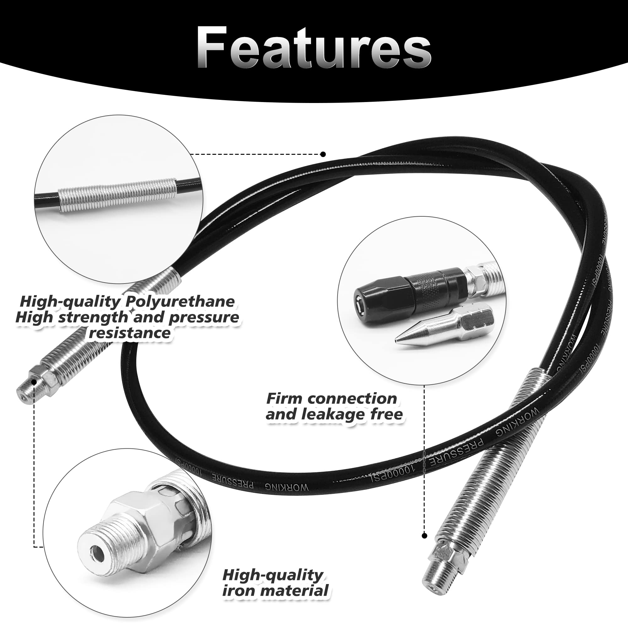 47in 4-Piece Grease Gun Hose Kit with Flexible Extension - Includes 4-Jaw Standard Couplers & 2 Sharp Nozzles (1/8