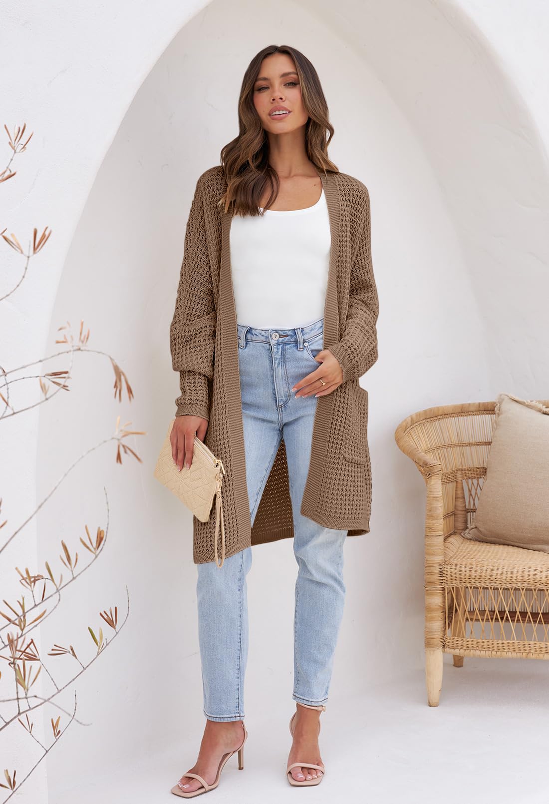 MEROKEETY Women's Oversized Long Batwing Sleeve Cardigan Waffle Knit Sweater Coat - Cozy Fall Winter Layering Piece for Casual Outfits & Lounge Wear