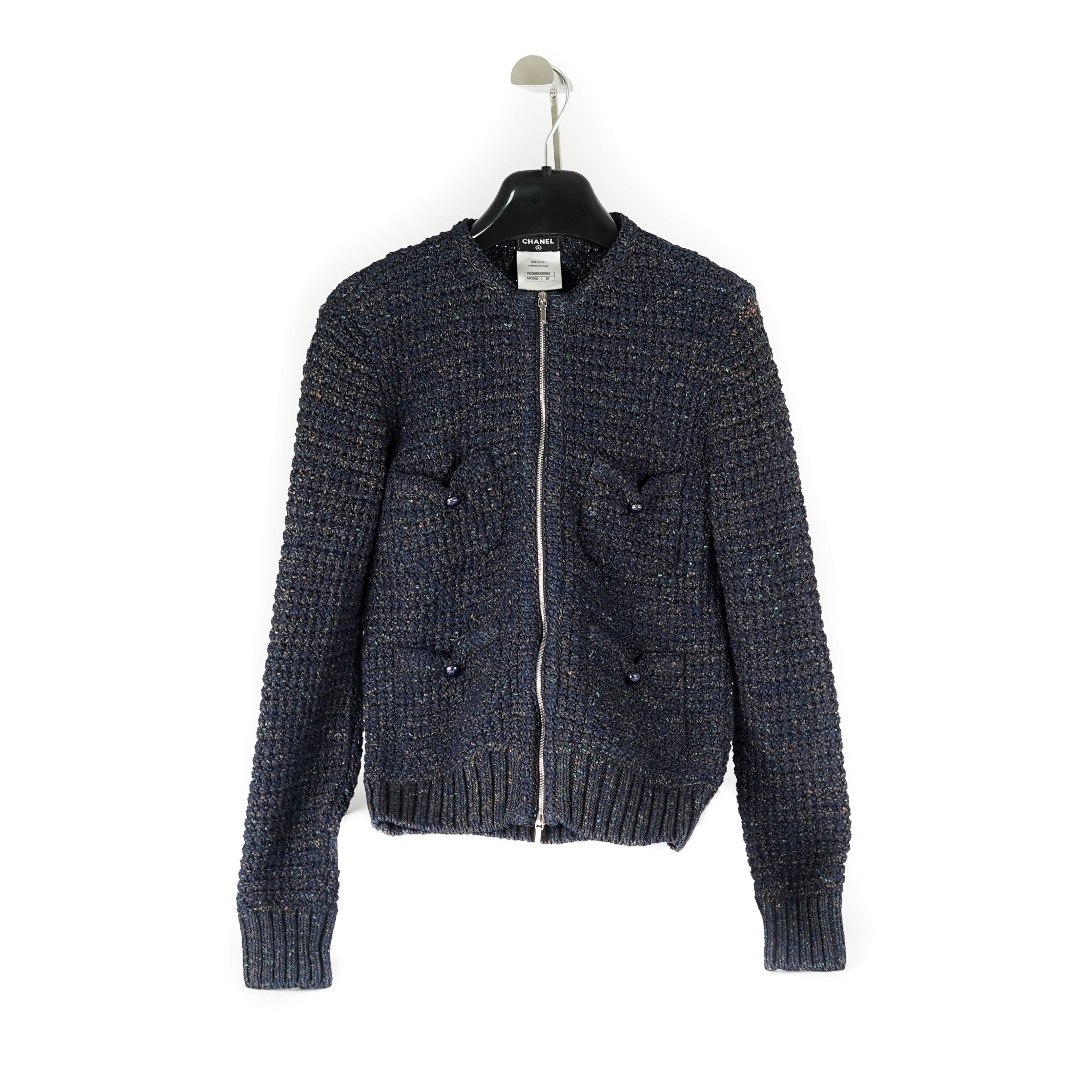 Chanel Navy Blue Knit Cardigan Sweater for Women - Size 36 | Luxury Cashmere Blend Open Front Cardigan | Perfect for Office Wear & Evening Outfits