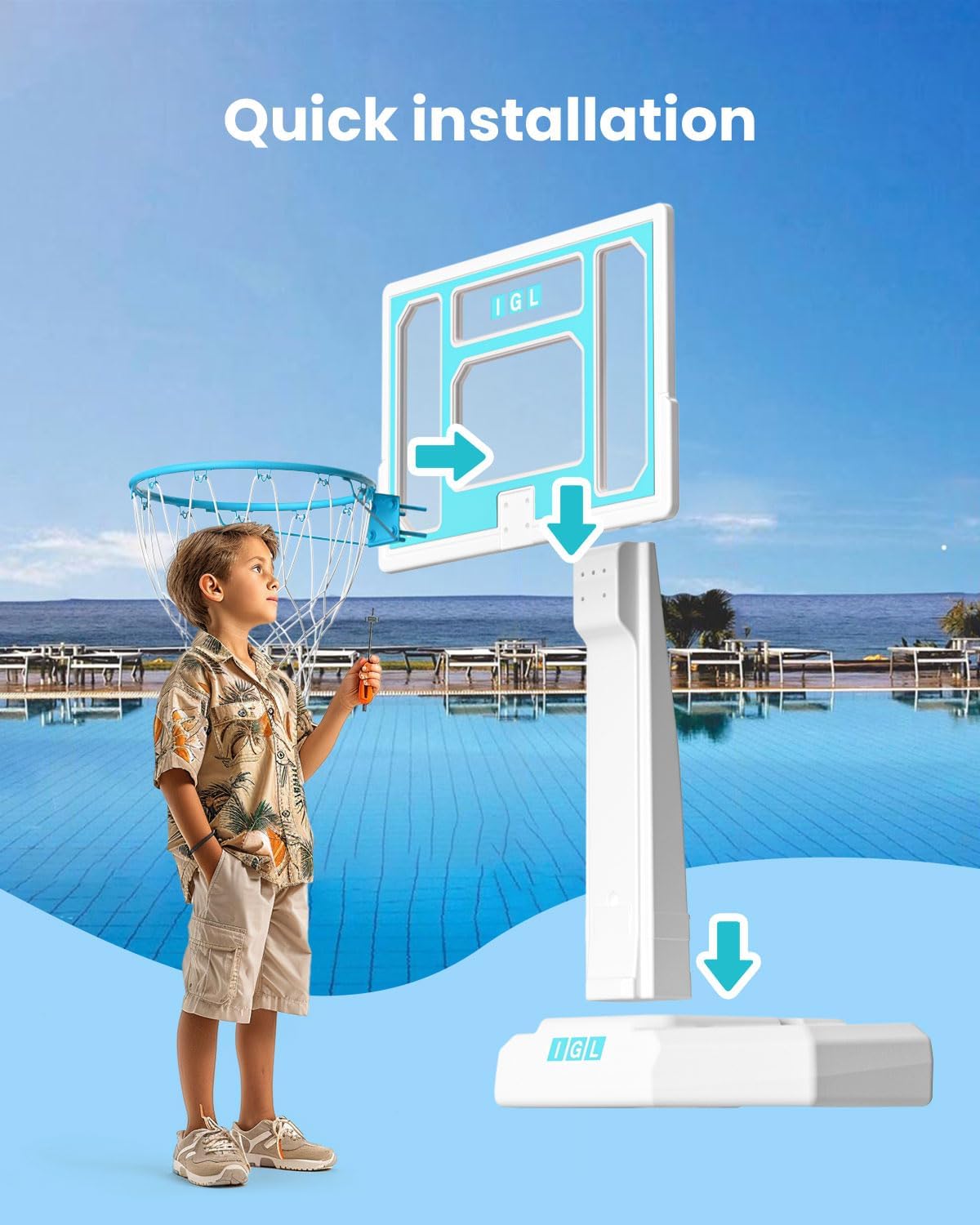 IGL Outdoor Pool Basketball Hoop - Stainless Steel Rim with Double Water Storage Base, Includes 2 Balls & Pump - Perfect for Backyard Pool Games, Summer Parties, and Family Fun Activities