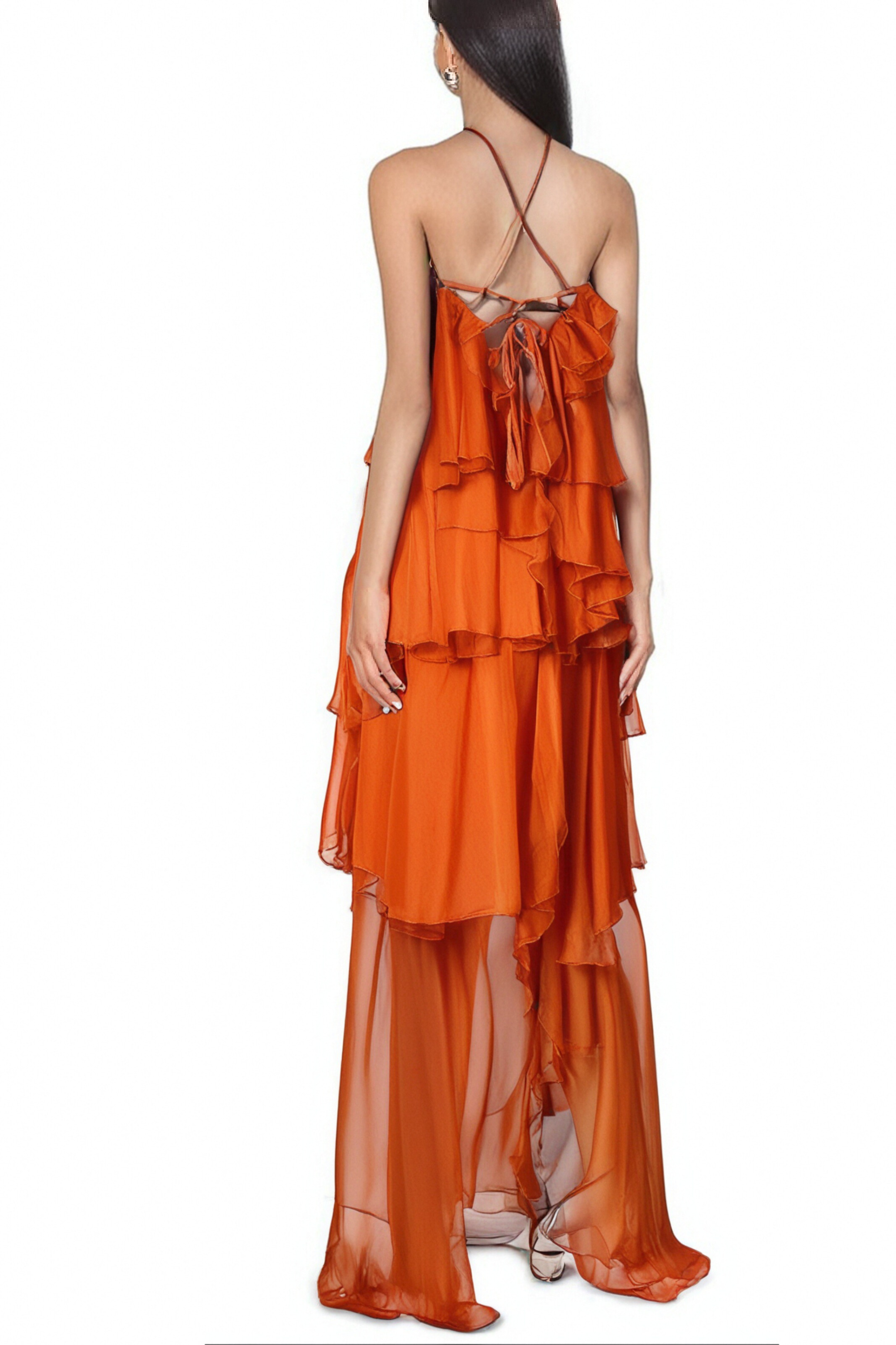 Carrie Orange Halterneck Flounced Maxi Dress - Women's Summer Beach Party Dress for Vacation & Evening Out