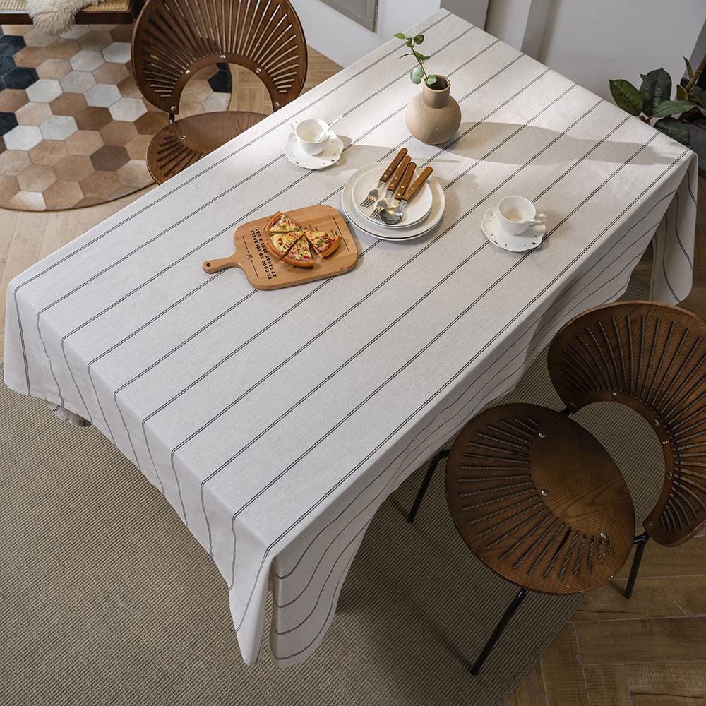 ArtBud Cotton Linen Tablecloth - Heavy Duty Boho Farmhouse Style Washable Table Cover with Burlap Striped Design (55