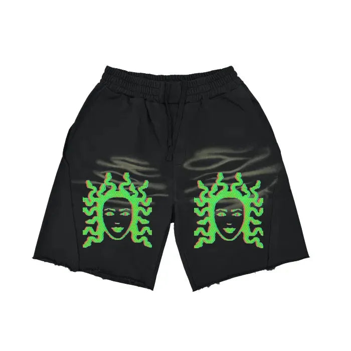 Premium Vintage Washed Medusa Embroidery Print Shorts - Heavyweight 360 GSM Cotton, Dark Green, Black & Coffee - Stylish Streetwear & Casual Summer Outfits