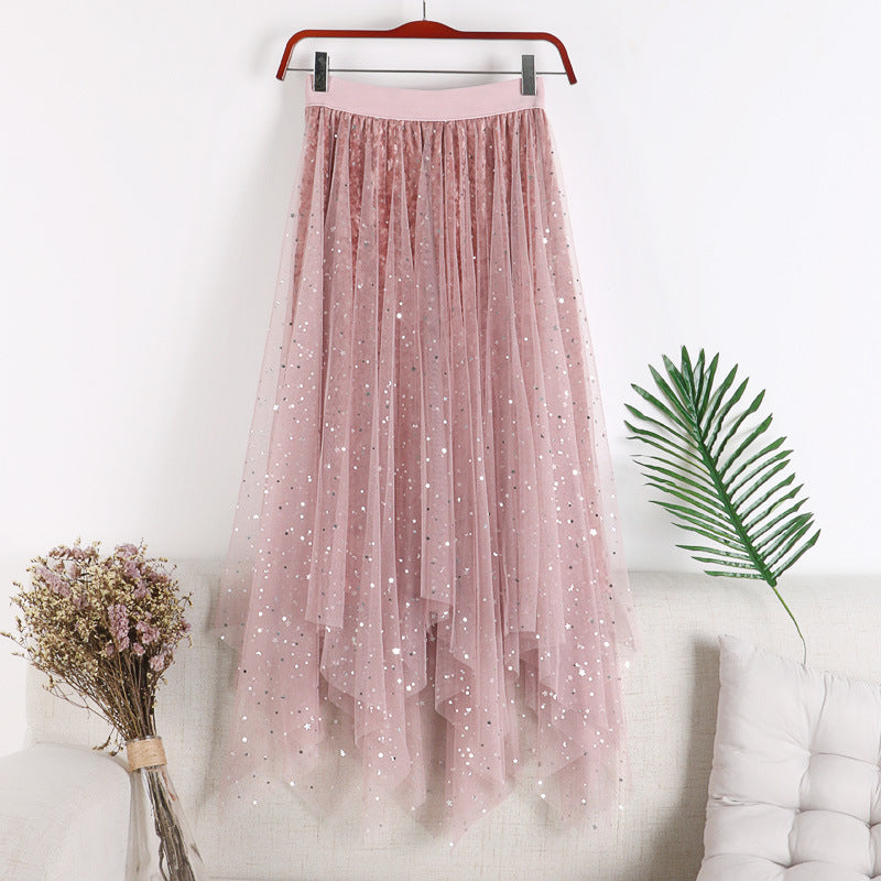 High Waist Star Sequin Irregular Mesh Skirt - Mid Length Party Skirt for Women | Perfect for Night Out, Club Wear, and Special Occasions