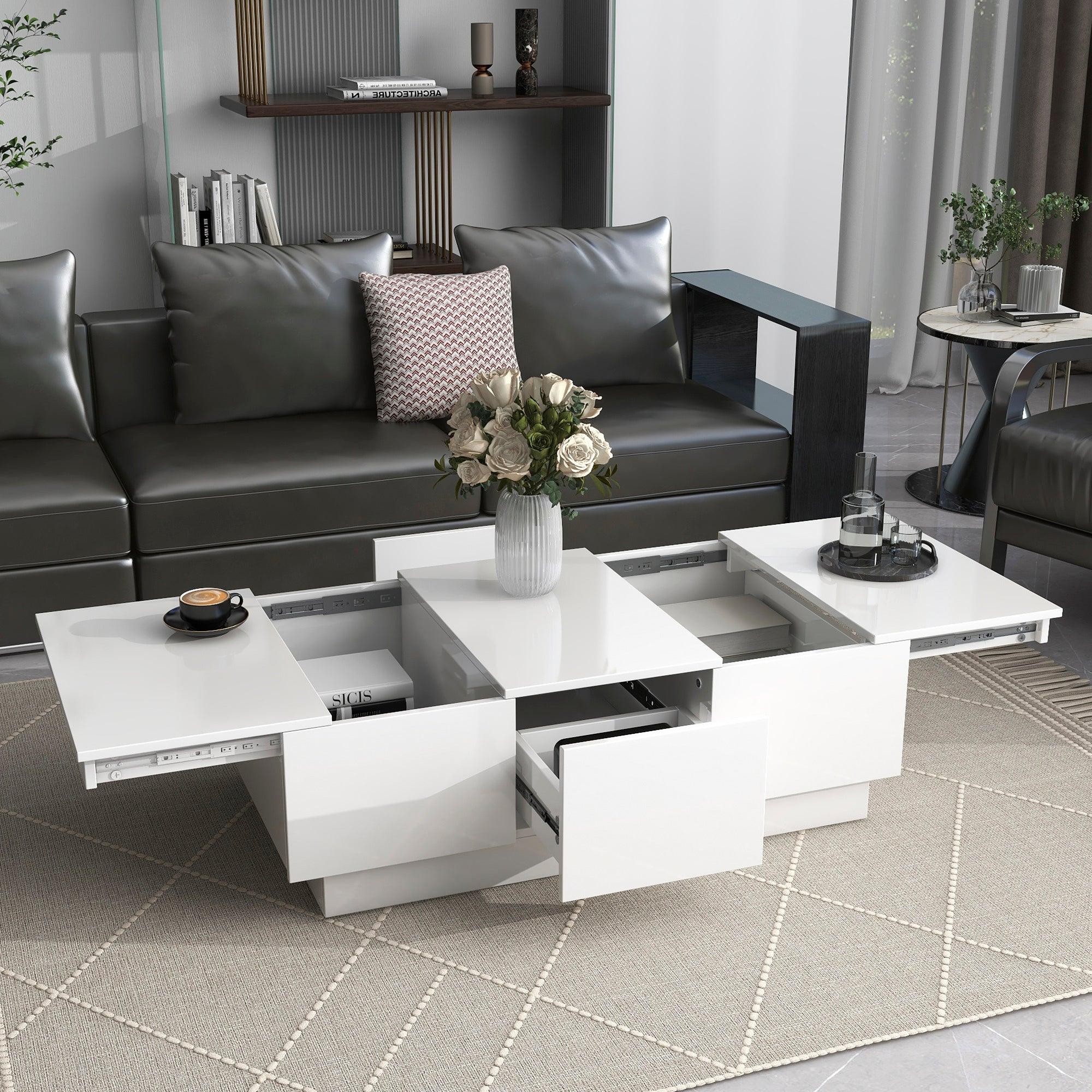 White Extendable Coffee Table with 2 Large Hidden Storage Compartments & 2 Drawers - High Gloss Center Table with Sliding Top for Living Room (39.3