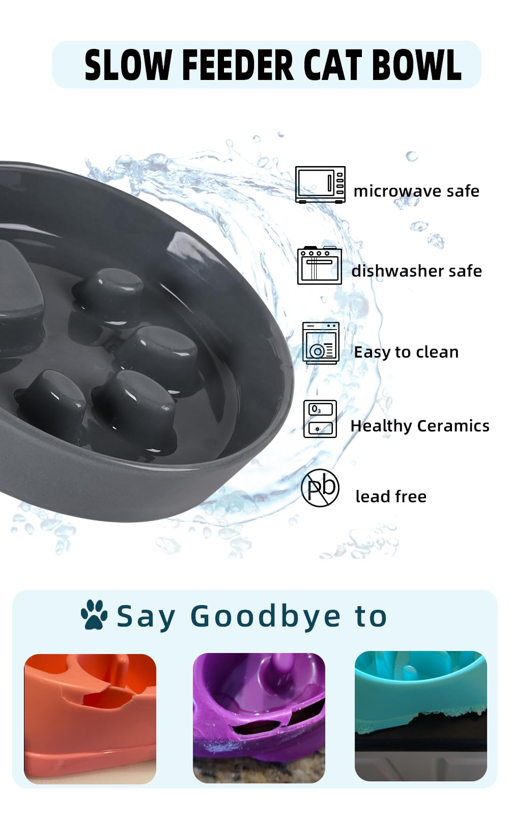 Ceramic Slow Feeder Cat Bowls - Fun & Interactive Cat Food Dish for Fast Eaters, Grey - Perfect for Portion Control & Preventing Bloat in Indoor Cats