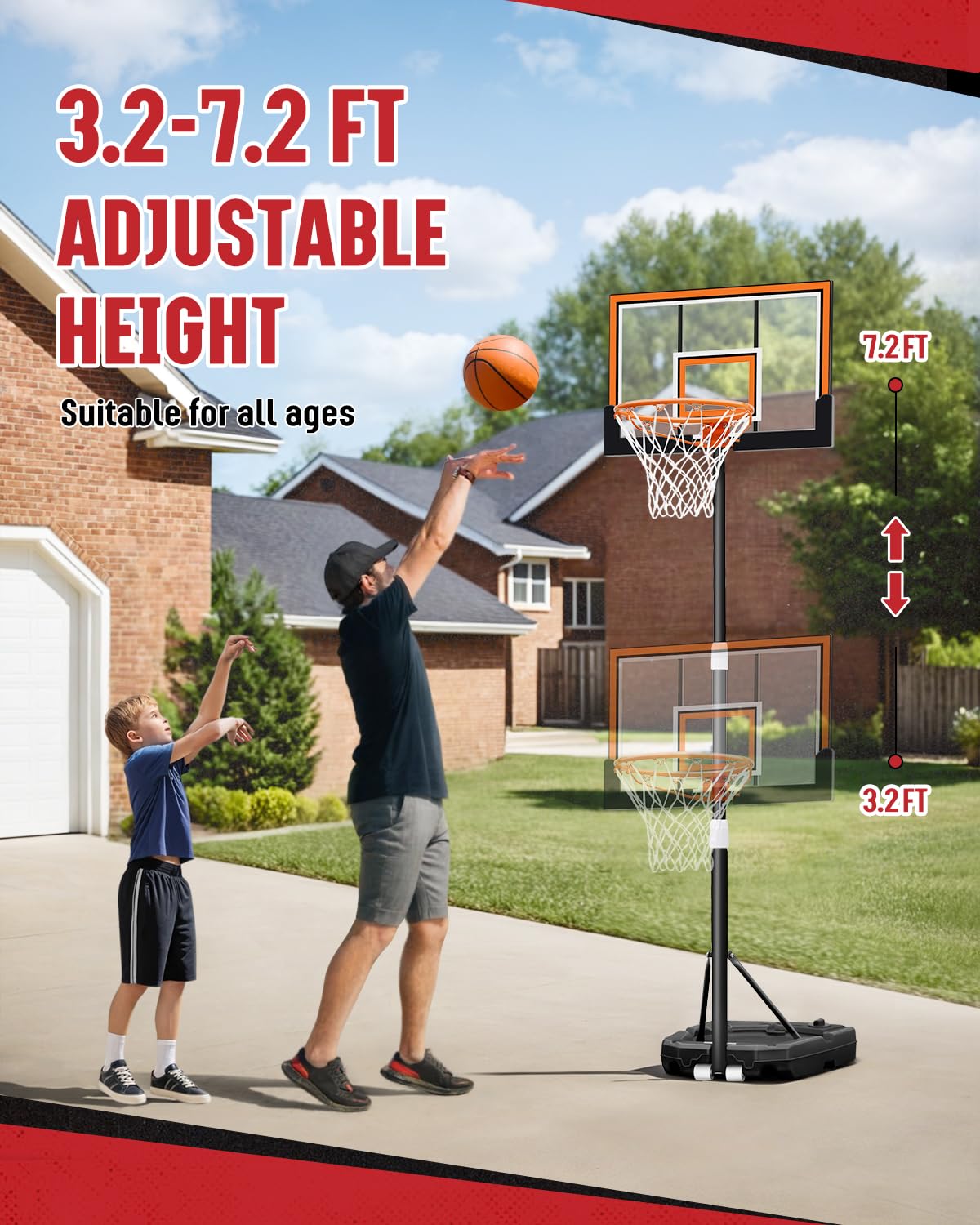 Seray Adjustable Kids Basketball Hoop 3.2-7.2ft - Portable Basketball Goal System for Children, Teens & Youth with 29