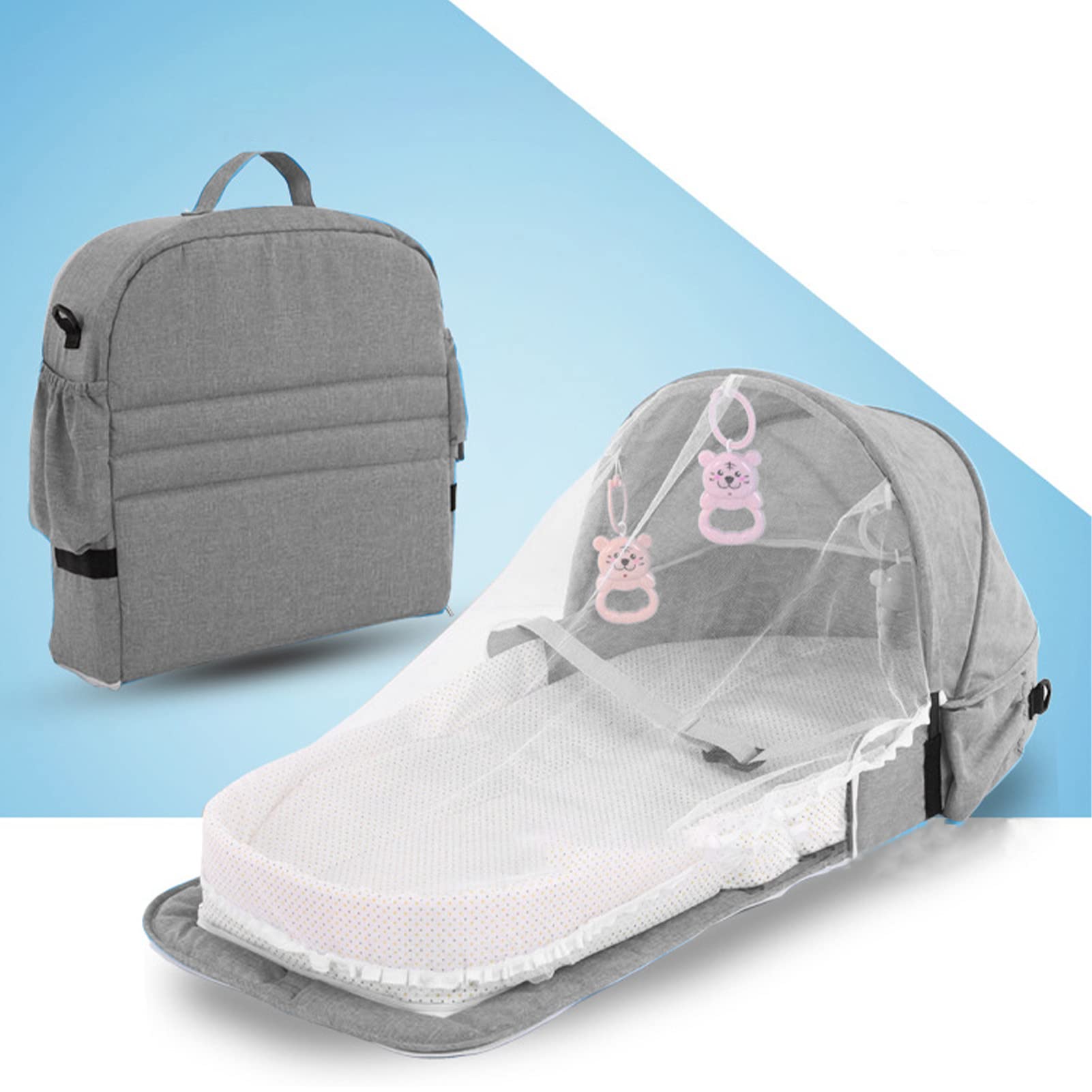 Portable Baby Travel Cot - Lightweight Folding Crib with Zipper & Large Storage for Outdoor, Camping, Travel & Home Use (Grey)