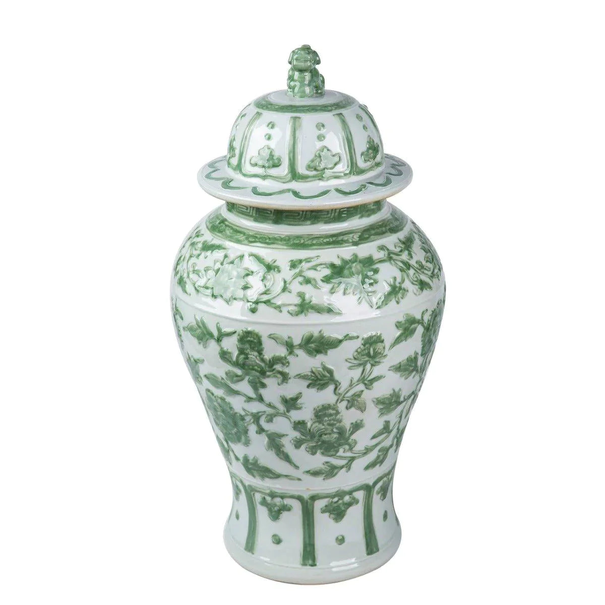 Antique Celadon Green Porcelain Temple Jar with Exquisite Floral Carvings & Lion Lid - Perfect for Home Decor, Asian-Inspired Interiors & Collectible Display