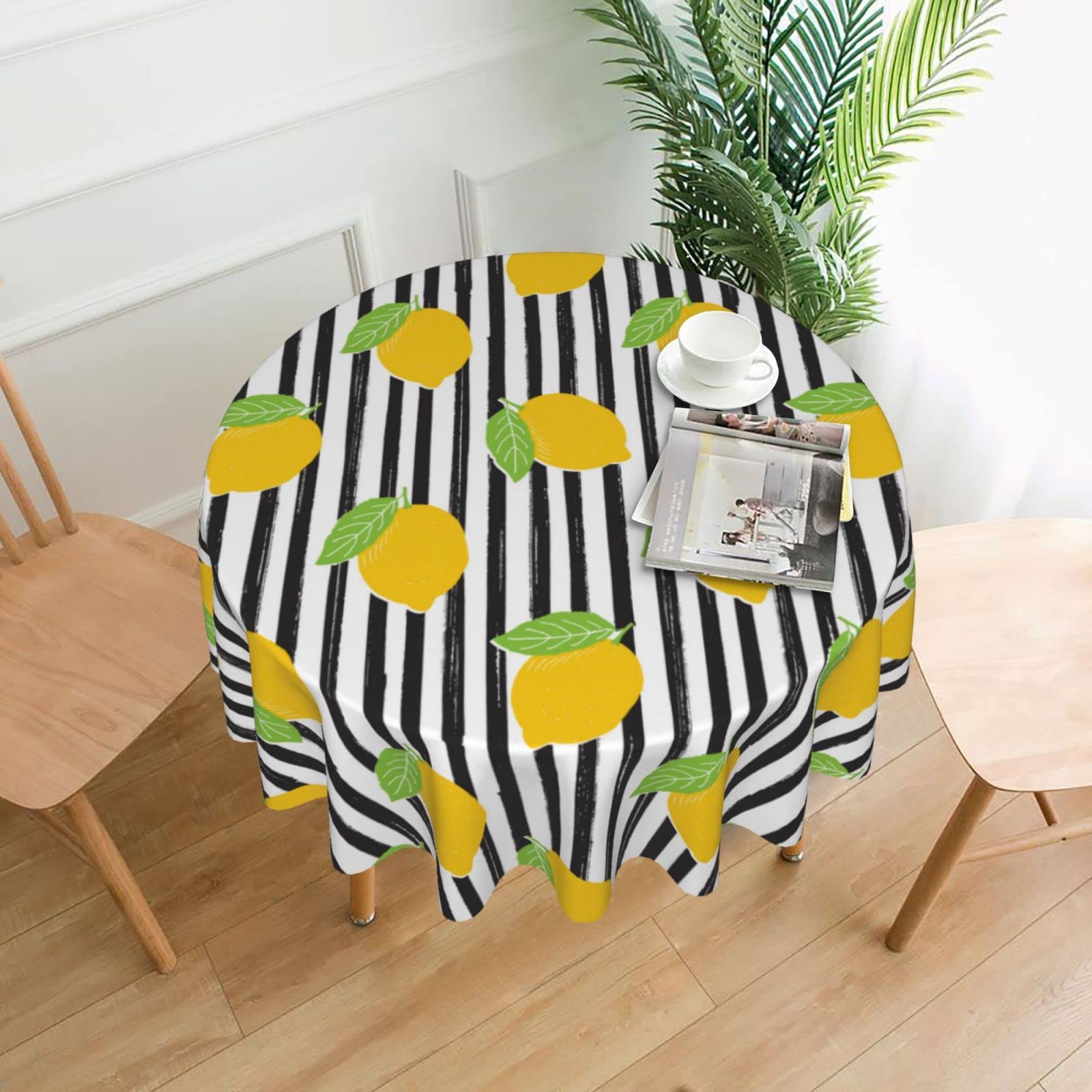 Lemon Sketch Striped Outdoor Tablecloth - 60 Inch Round Waterproof Picnic Table Cover for BBQs, Parties, Kitchen & Dining Room Decor - Perfect for Outdoor Gatherings, Camping and Backyard Dining