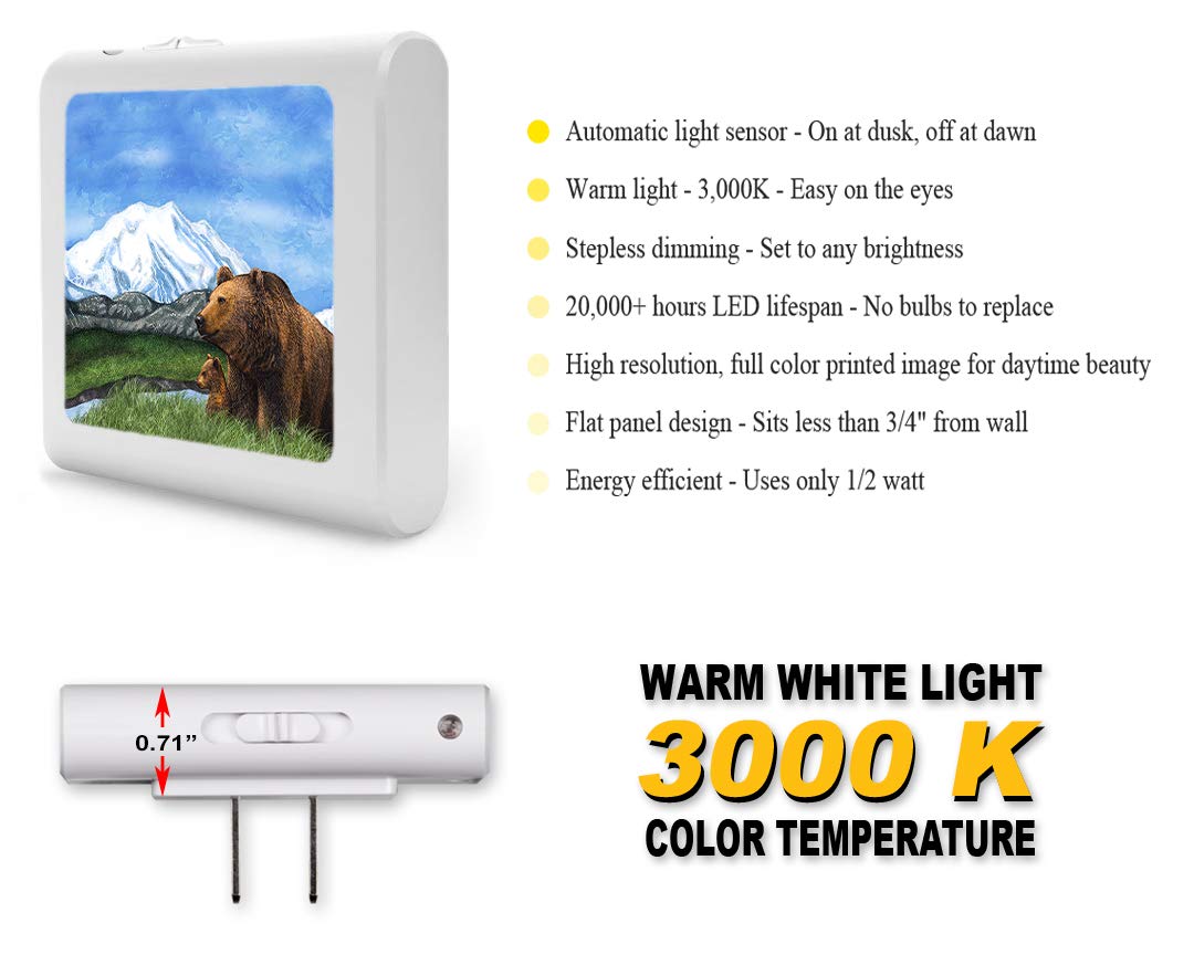 Dimmable LED Night Light with Auto On/Off Sensor - Adjustable Brightness, Warm White Light for Bathroom, Hallway, Nursery & Bedrooms - Bear and Cub Design by Dan Morris - Perfect for Nighttime Safety & Comfort