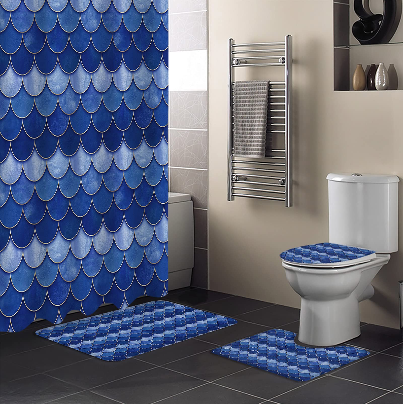 Sabolny 4-Piece Bathroom Set - Ombre Navy Blue Fish Scale Waterproof Shower Curtain with Hooks, Non-Slip Bath Mat, Toilet Lid Cover & Watercolor Texture Rugs | Modern Home Decor for Bathroom, Guest Room & Spa Style Retreat