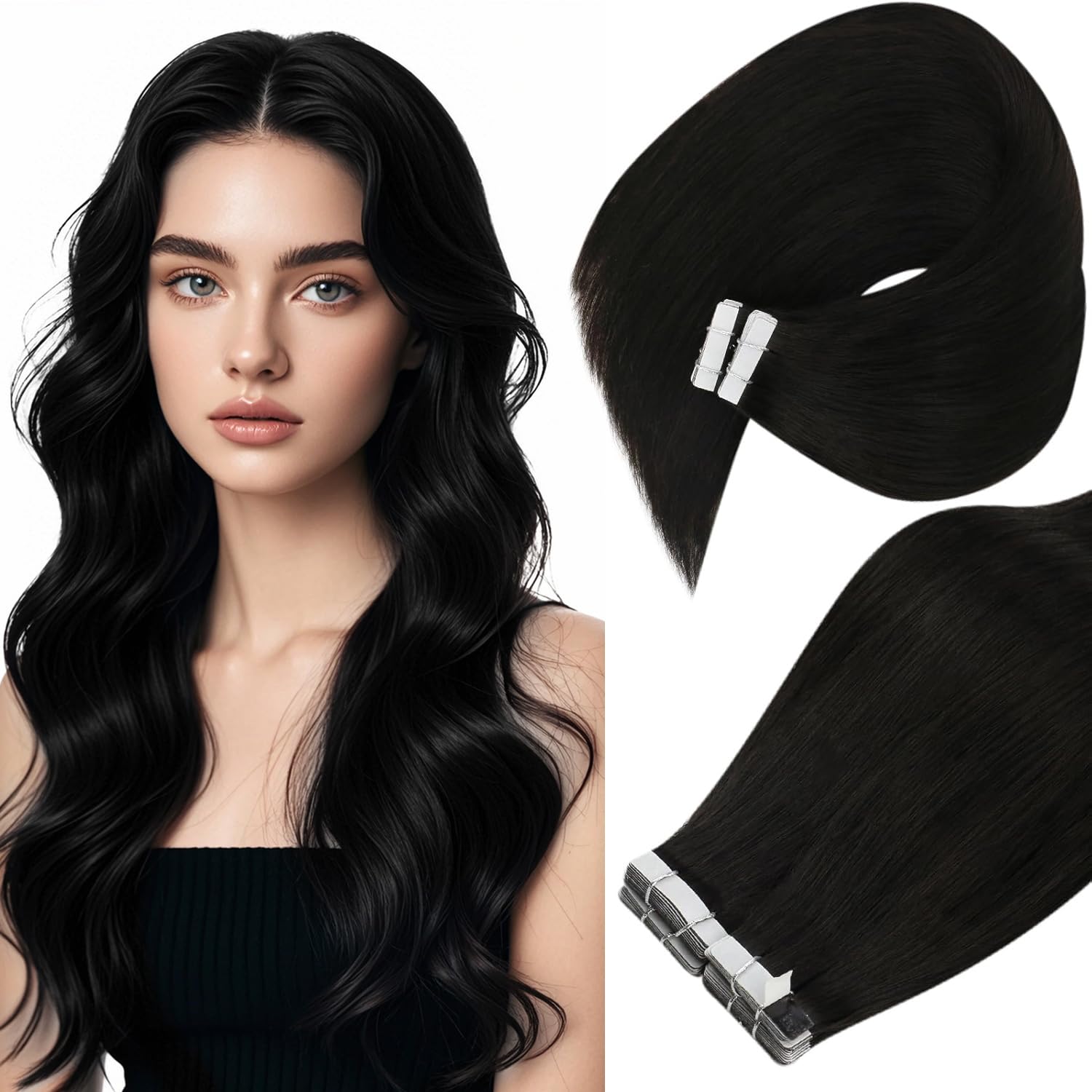 Ve Sunny 20pcs 50g 20inch Tape in Hair Extensions - #1B Natural Black Human Hair, Invisible Skin Weft for Women | Perfect for Daily Styling, Volume Boost & Special Occasions