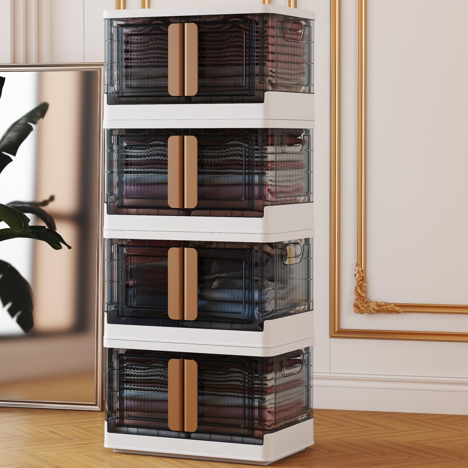 Large Plastic Storage Bins with Lids & Wheels - 4 Pack Foldable Stackable 34 Qt Organizer Boxes (Grey & White) for Office Organization, Dorm Room Essentials & File Cabinet Storage - Perfect for Home, Office & College Organization