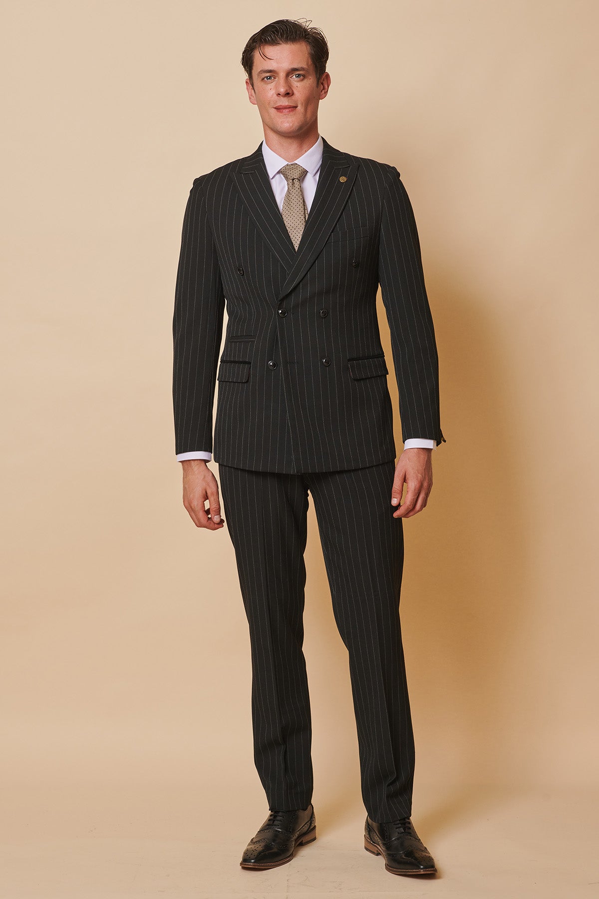 Luca Toolan as Mason Radcliffe Coronation Street Black Pinstripe Double Breasted Two-Piece Suit | Formal Business Attire for Weddings, Parties & Special Occasions