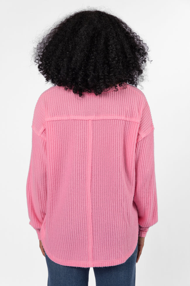 Idle Hands Pink Waffle Knit V-Neck Oversized Sweater Top for Women | Cozy Casual Wear | Perfect for Fall & Winter Outfits, Date Nights and Lounge