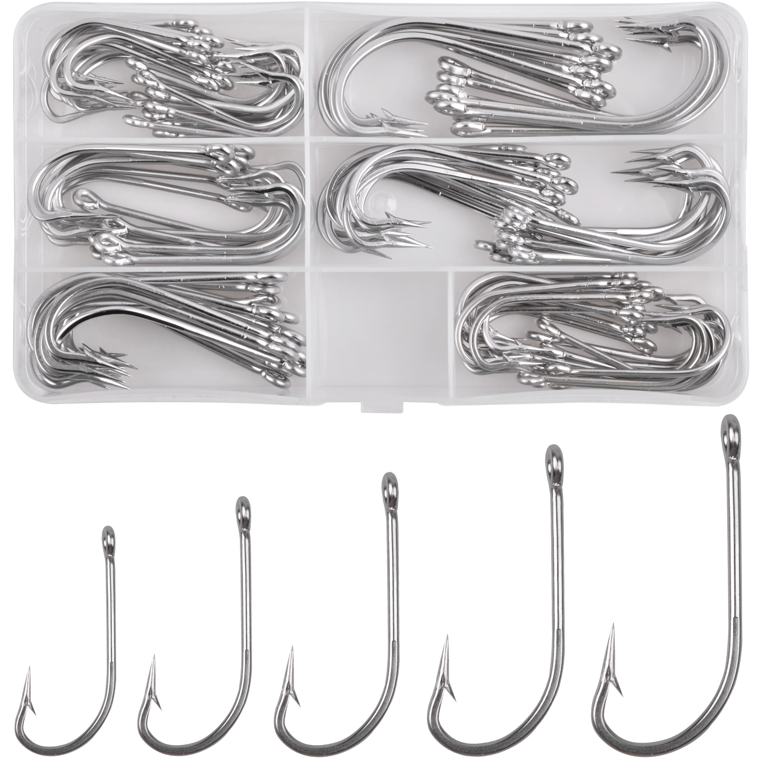 135pcs Saltwater Fishing J Hooks Kit - Stainless Steel O'Shaughnessy Long Shank Hooks for Freshwater & Saltwater Fishing | Trolling, Surf Casting, Deep Sea Fishing