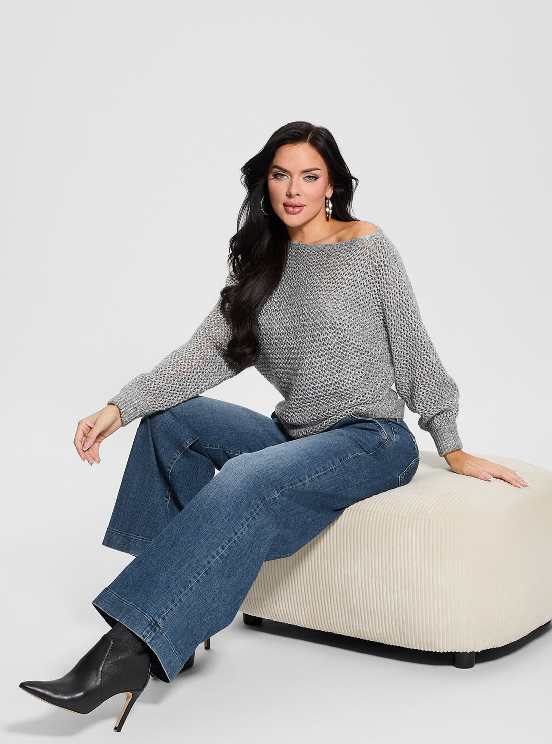 Grey Off Shoulder Knit Top for Women - Soft Stretchy Casual Long Sleeve Sweater - Perfect for Fall Winter Outfits, Date Night & Layering