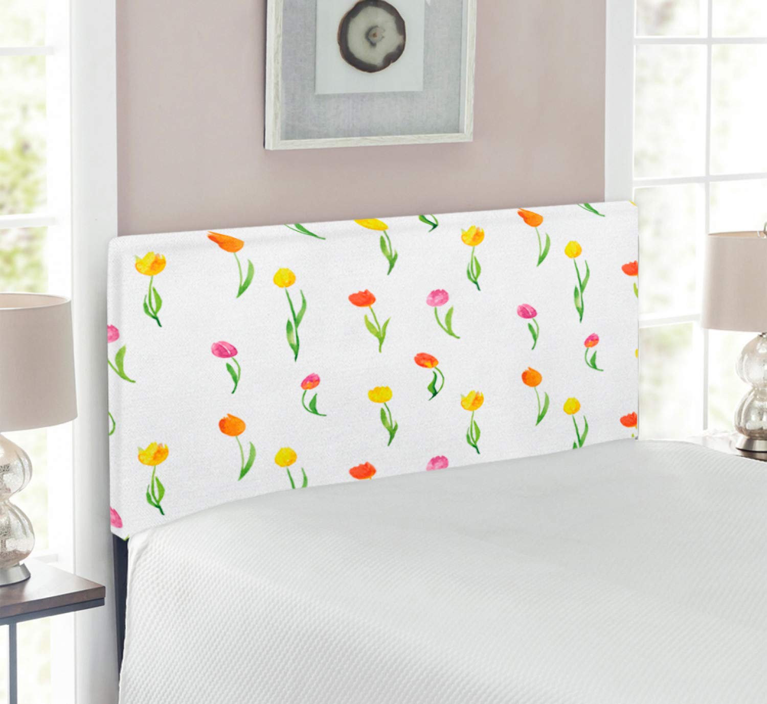 Ambesonne Watercolor Flower Headboard - Colorful Tulips Pattern Country Style Floral Design with Memory Foam, Twin Size Upholstered Metal Bed Frame | Perfect for Bedroom Decor, Guest Rooms & Bohemian Style Homes