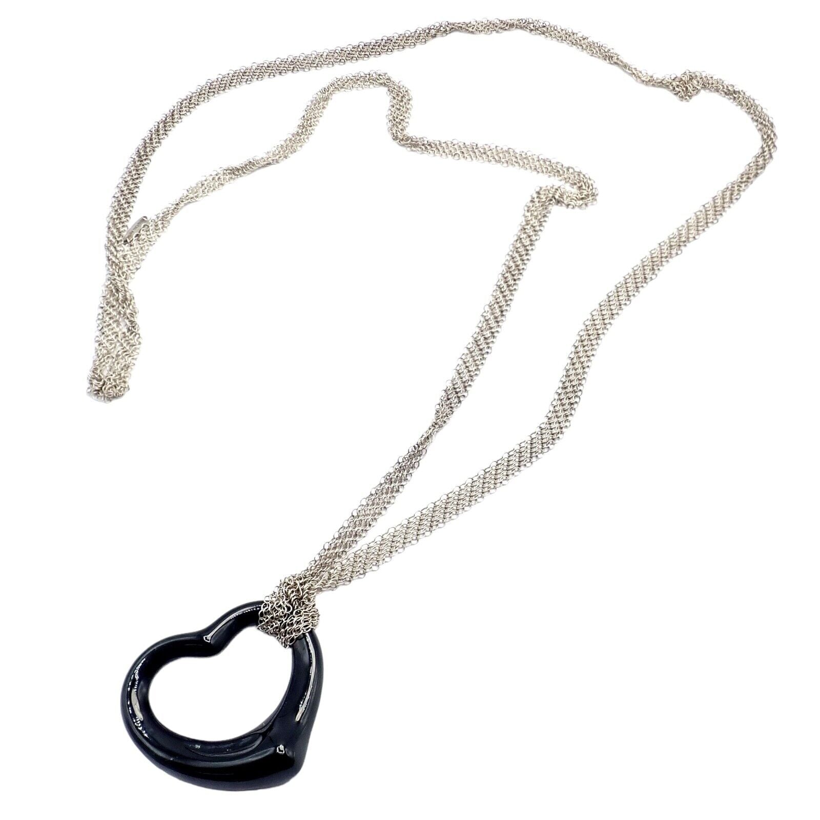 Tiffany & Co Sterling Silver Peretti 35mm Large Open Onyx Heart Pendant Necklace - 28