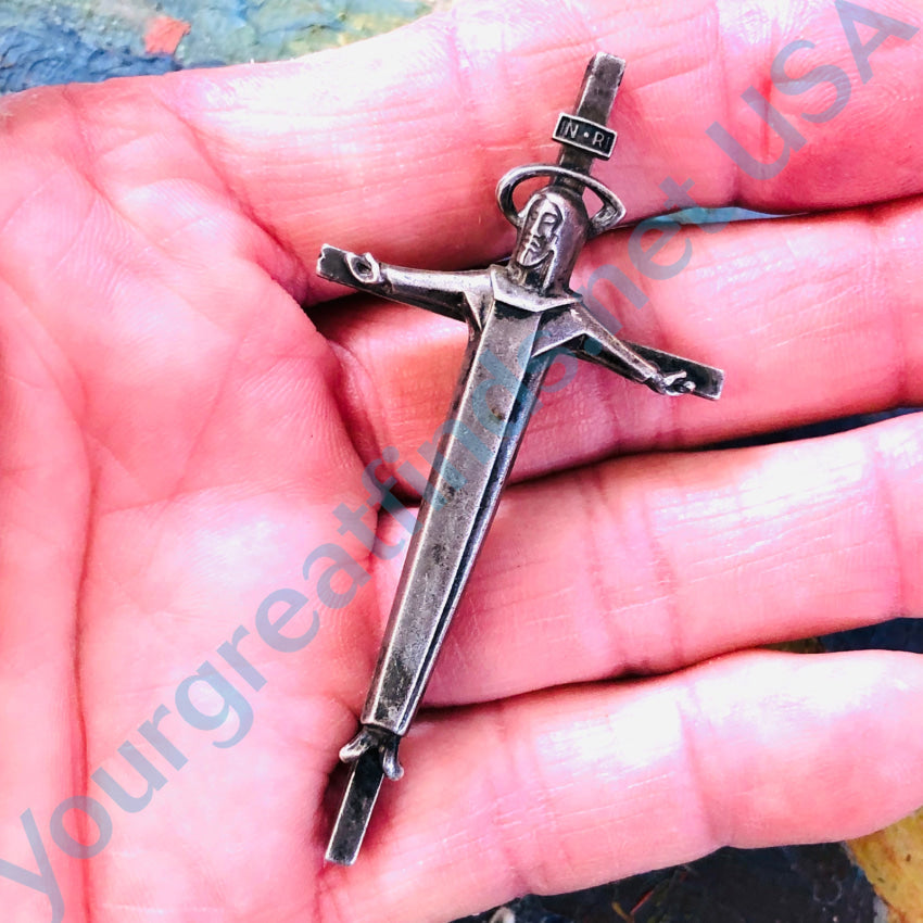 Vintage Modernist Large Sterling Silver Crucifix Pendant Necklace - Religious Jewelry for Men & Women - Perfect for Church, Baptism, First Communion & Everyday Wear