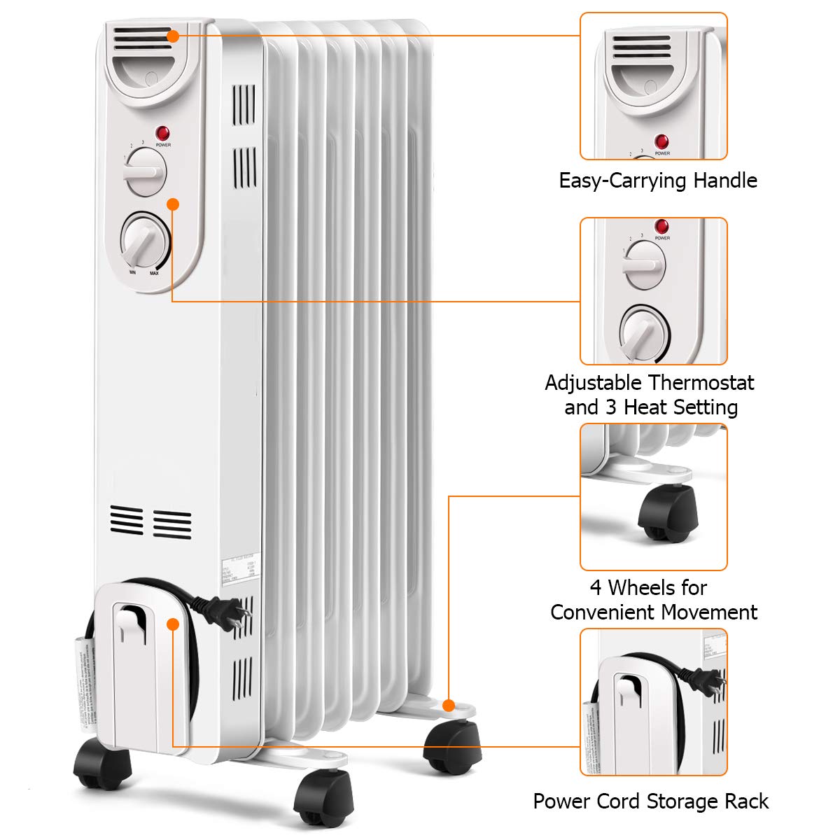 COSTWAY 1500W Oil Filled Radiator Heater - Portable Electric Space Heater with 3 Heat Settings, Adjustable Thermostat, Overheat & Tip-Over Protection - Ideal for Living Room, Bedroom, Office & Indoor Winter Heating
