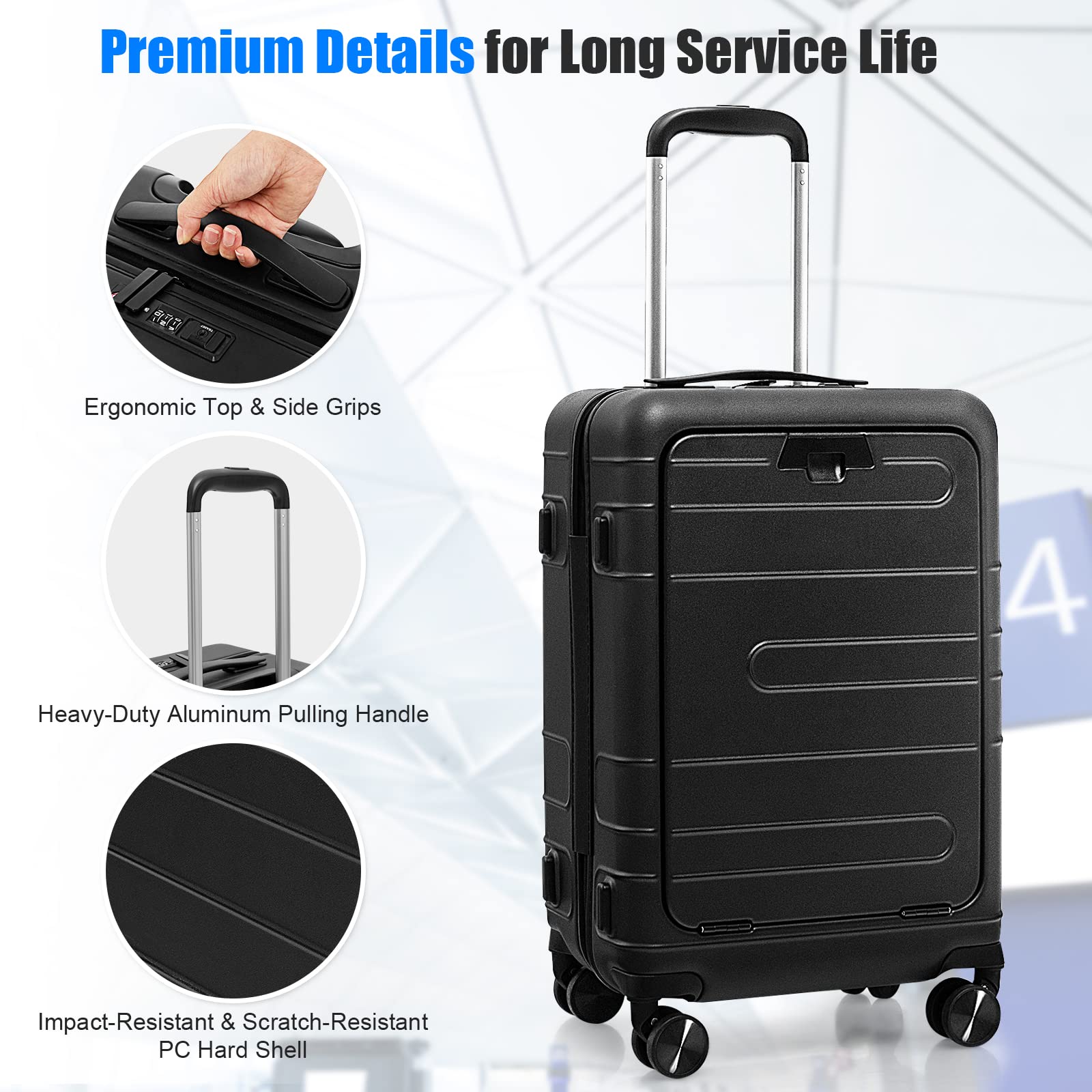 Goplus 20 Inch Hardside Carry On Luggage with USB Charging Port & TSA Lock - Lightweight PC Suitcase with Spinner Wheels, Front Pocket & Foldable Tabletop for Business Travel, Airplane Cabin & Weekend Getaways