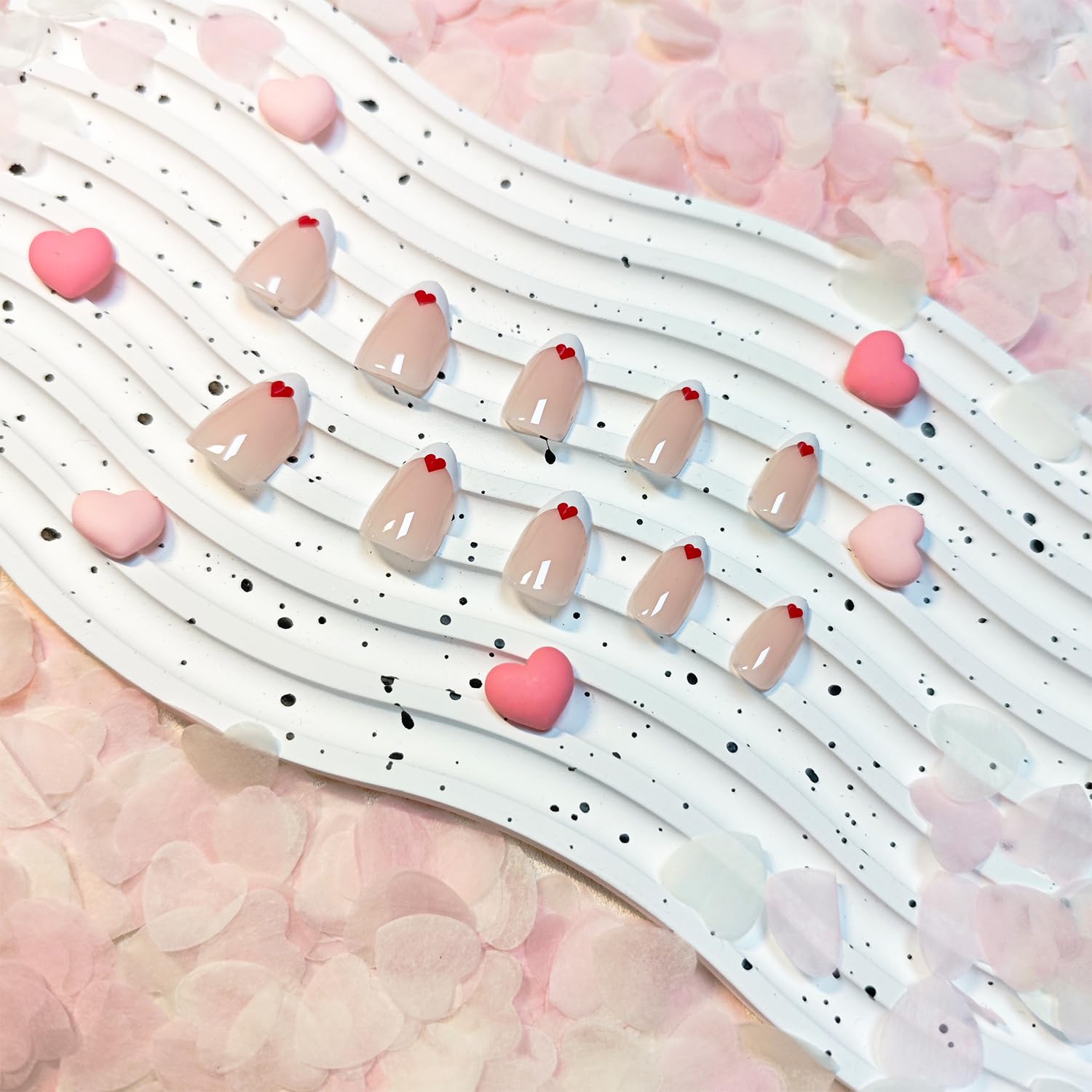 Valentine's Day Pink Press on Nails Short Almond Fake Nails with Heart Design & White French Tips - 24Pcs Glossy False Nails for Women - Perfect for Valentine's Dates, Parties & Special Occasions