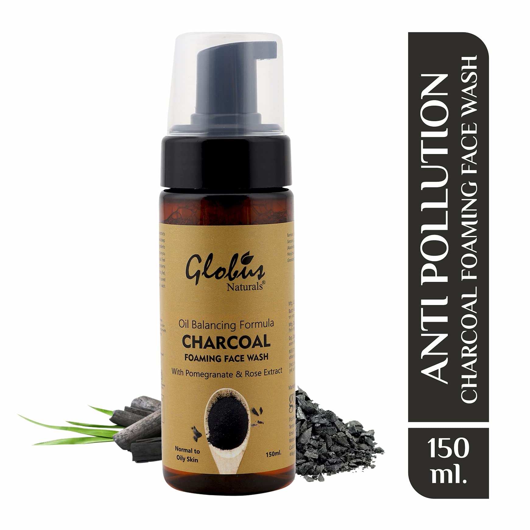 Globus Naturals Charcoal Anti-Pollution Acne Control Foaming Face Wash with Rose, Manjistha, Banana, Pomegranate, Aloe Vera, Neem & Tulsi - 150ml | Deep Cleansing for Oily & Acne-Prone Skin | Daily Skincare Routine for Clear Complexion