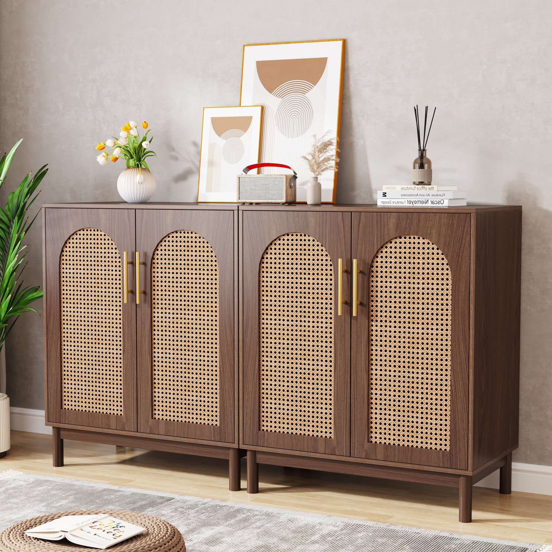 2-Piece Rattan Sideboard Buffet Set with Doors - Stylish Storage Cabinet for Dining Room, Living Room, or Entryway Organization
