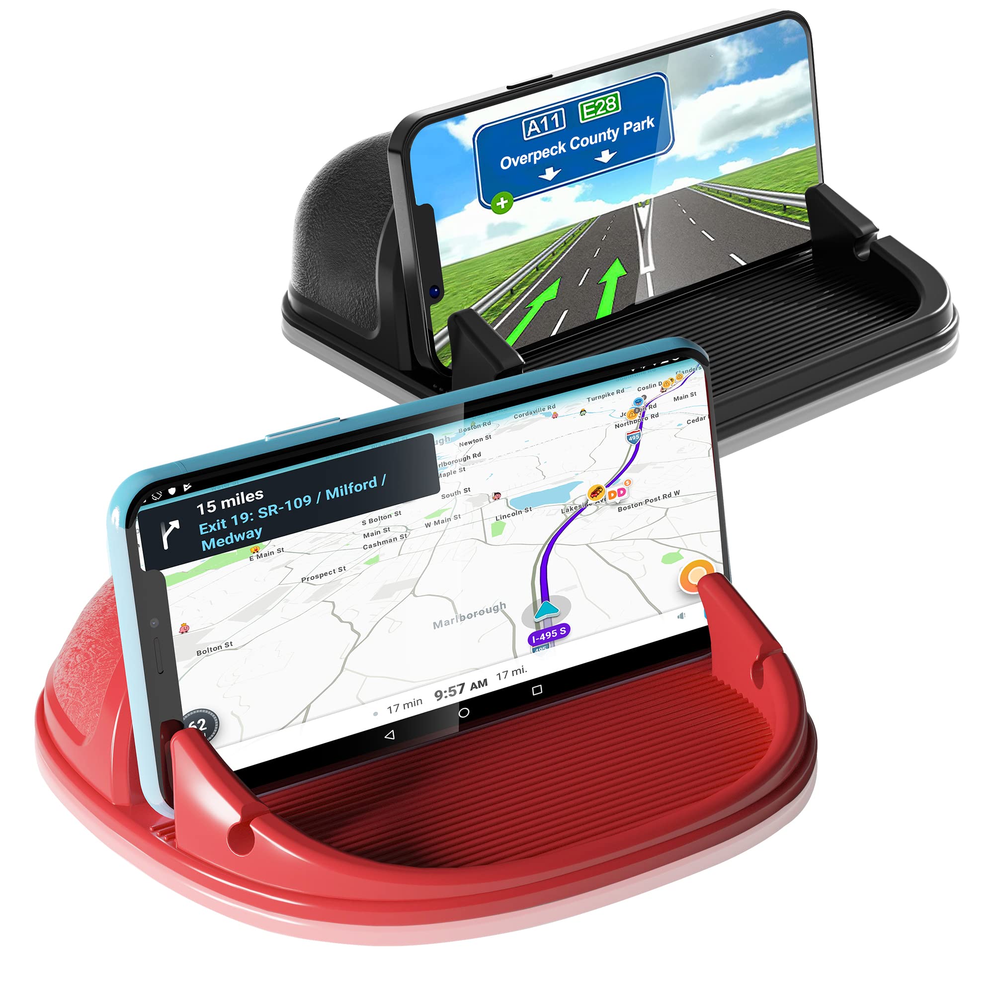 Loncaster Car Phone Holder - Red & Black Silicone Dashboard Phone Mount for iPhone, Samsung, Android & GPS | Non-Slip Car Accessory for Safe Driving & Navigation