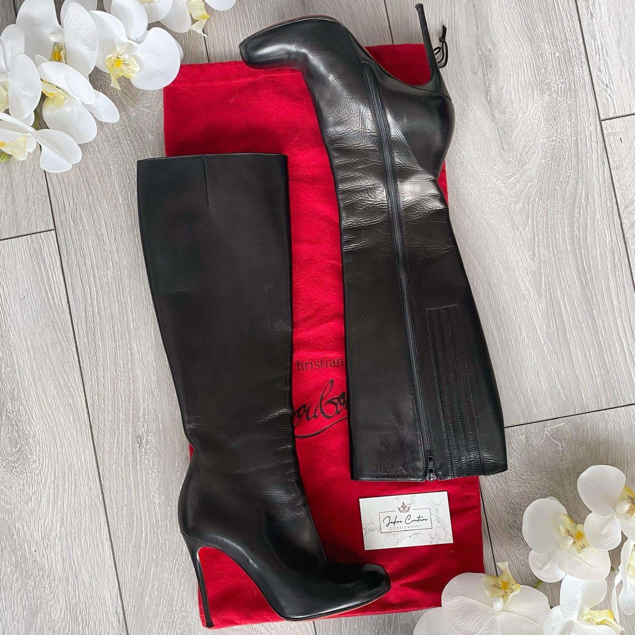 Christian Louboutin Black Leather Fifi Knee-High Boots 100mm Heel Size 35.5 - Perfect for Evening Events & Luxury Fashion