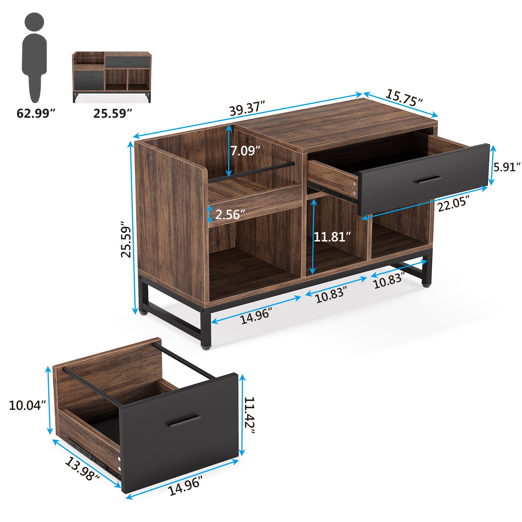 39 Inch Rustic Lateral File Cabinet with 2 Drawers - Wooden Office Storage Solution for Home & Business Organization