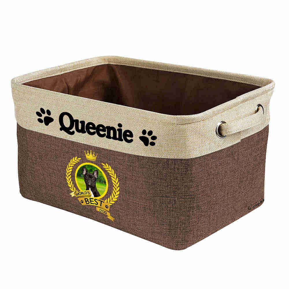 Foldable Pet Toy Storage Basket with Handles - Custom Name Collapsible Organizer for Dog & Cat Toys - Perfect for Bedroom, Closet, or Shelf - Ideal for French Bulldog Puppies & Small Pets (Brown)