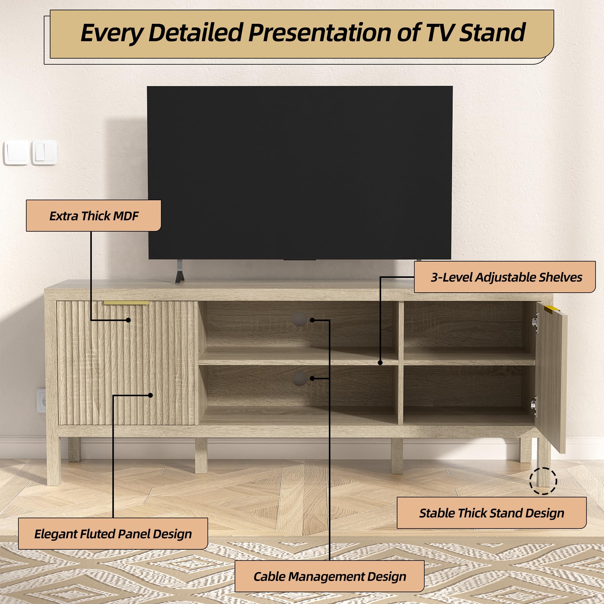 Mid Century Modern Fluted TV Stand with Storage Cabinet - Heavy Duty Entertainment Center for 65-Inch TVs - Sunwashed Ash Oak Finish - Perfect for Bedroom, Living Room & Home Theater Setup