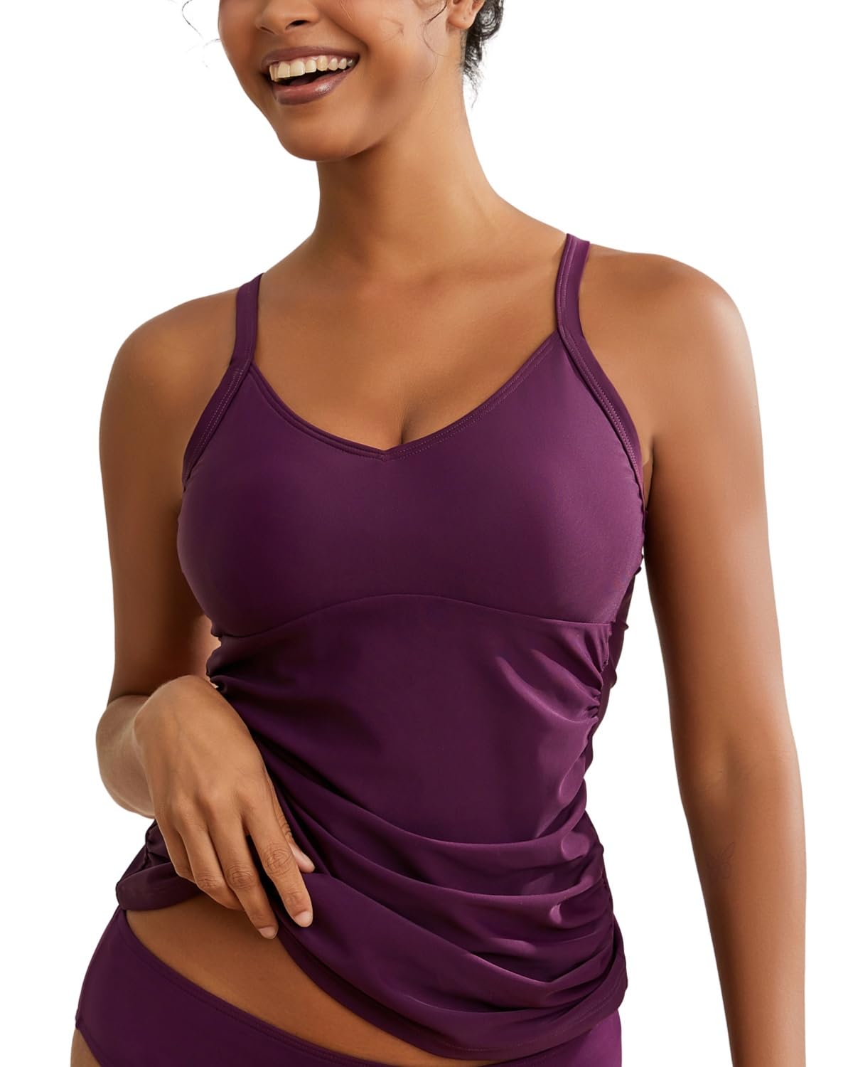 Women's Tummy Control V-Neck Tankini Swim Top - Slimming Bathing Suit for Beach & Pool - No Bottom Included