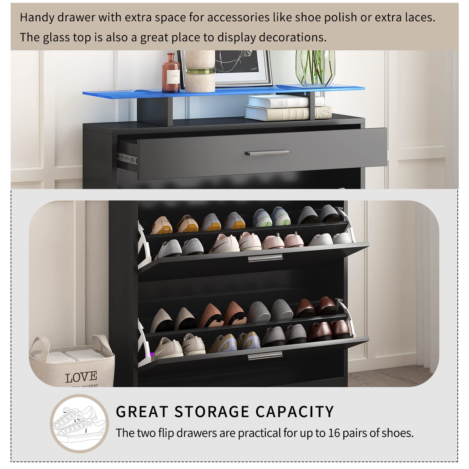 Modern Slim Entryway Shoe Cabinet with 2 Flip Drawers & LED Lights - Tempered Glass Top Shoe Storage Organizer with Open Shelves - Freestanding Shoe Rack for Hallway, Living Room, Bedroom - Space-Saving Home Organization Solution for Small Apartments & Entryways