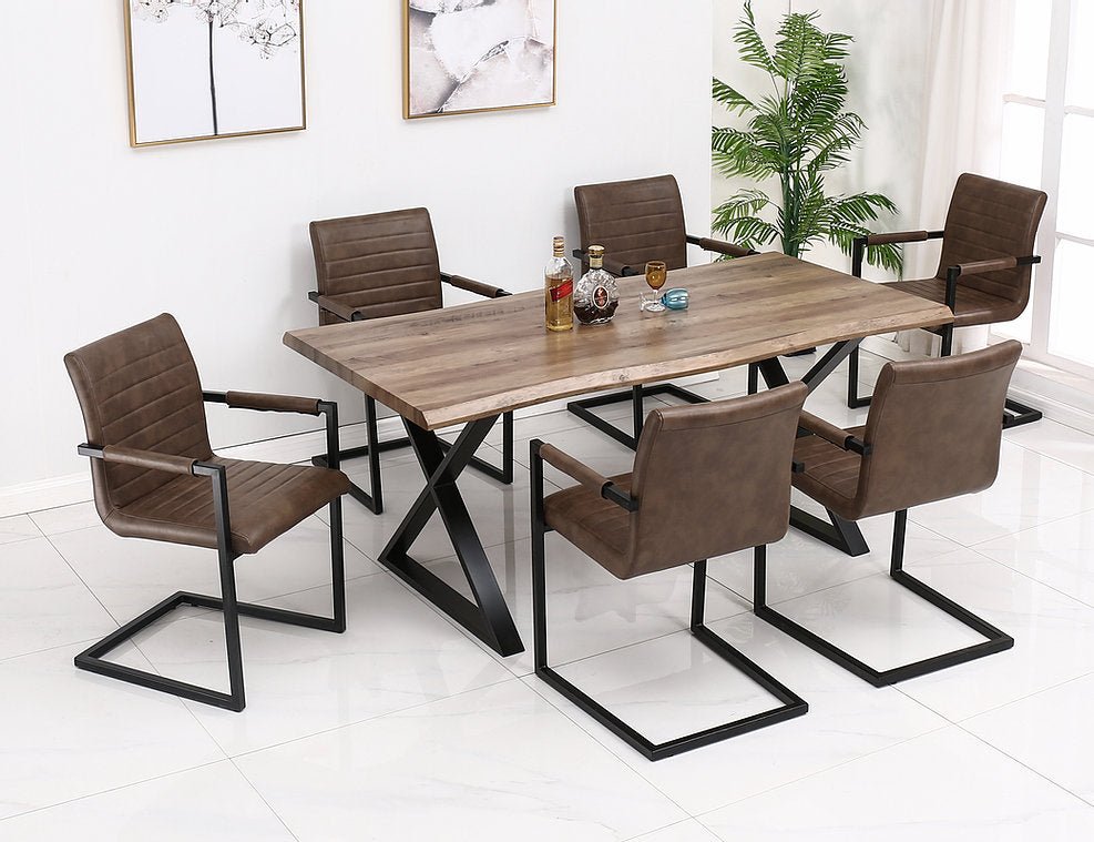 7-Piece Charcoal Brown Faux Live Edge Wood Dining Table Set with Textured Chairs - Perfect for Farmhouse, Rustic & Modern Dining Rooms, Kitchen Nooks & Outdoor Entertaining Areas