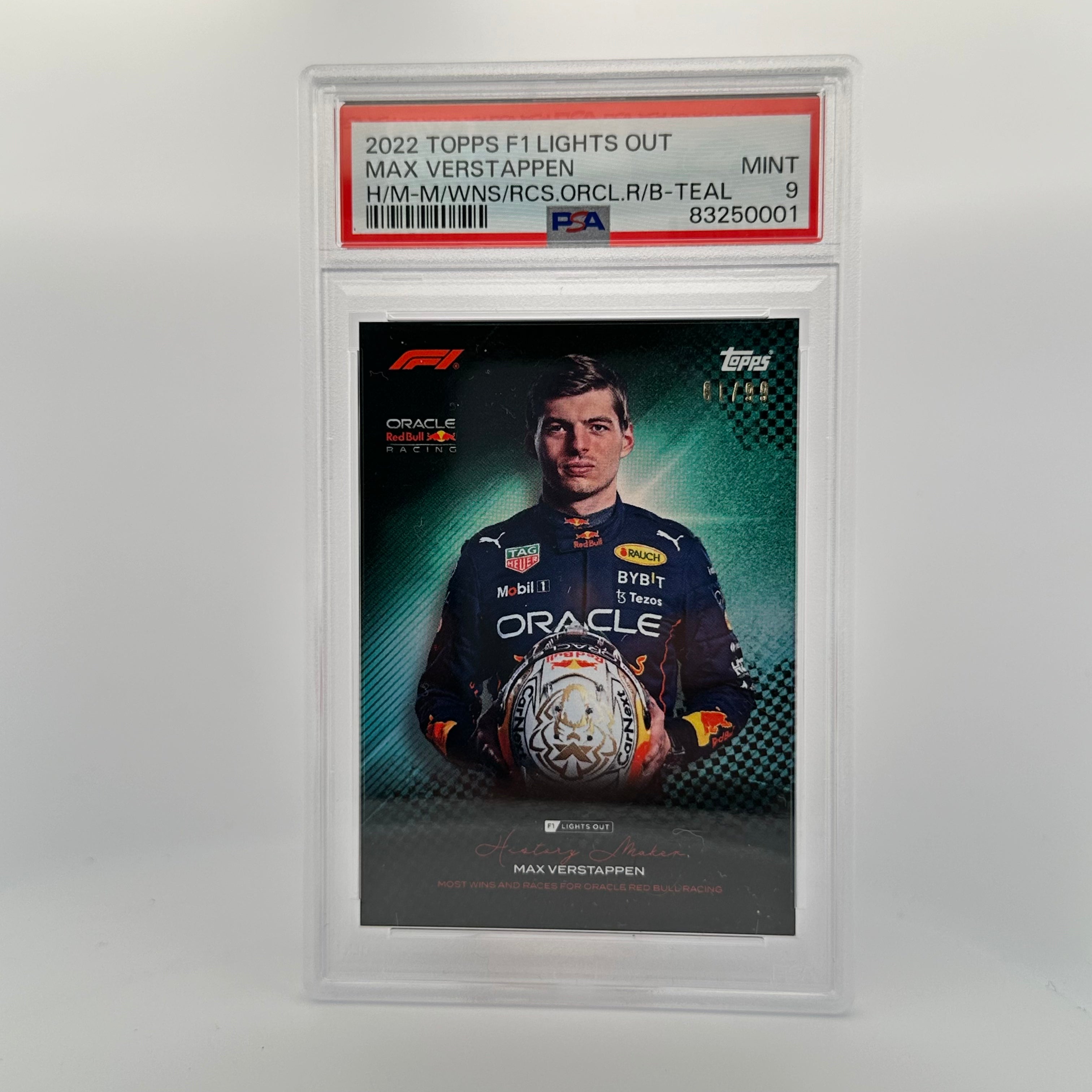 PSA 9 Graded /99 Max Verstappen Most Wins & Races History Maker Teal Parallel - Rare Collectible Racing Card for Fans & Investors