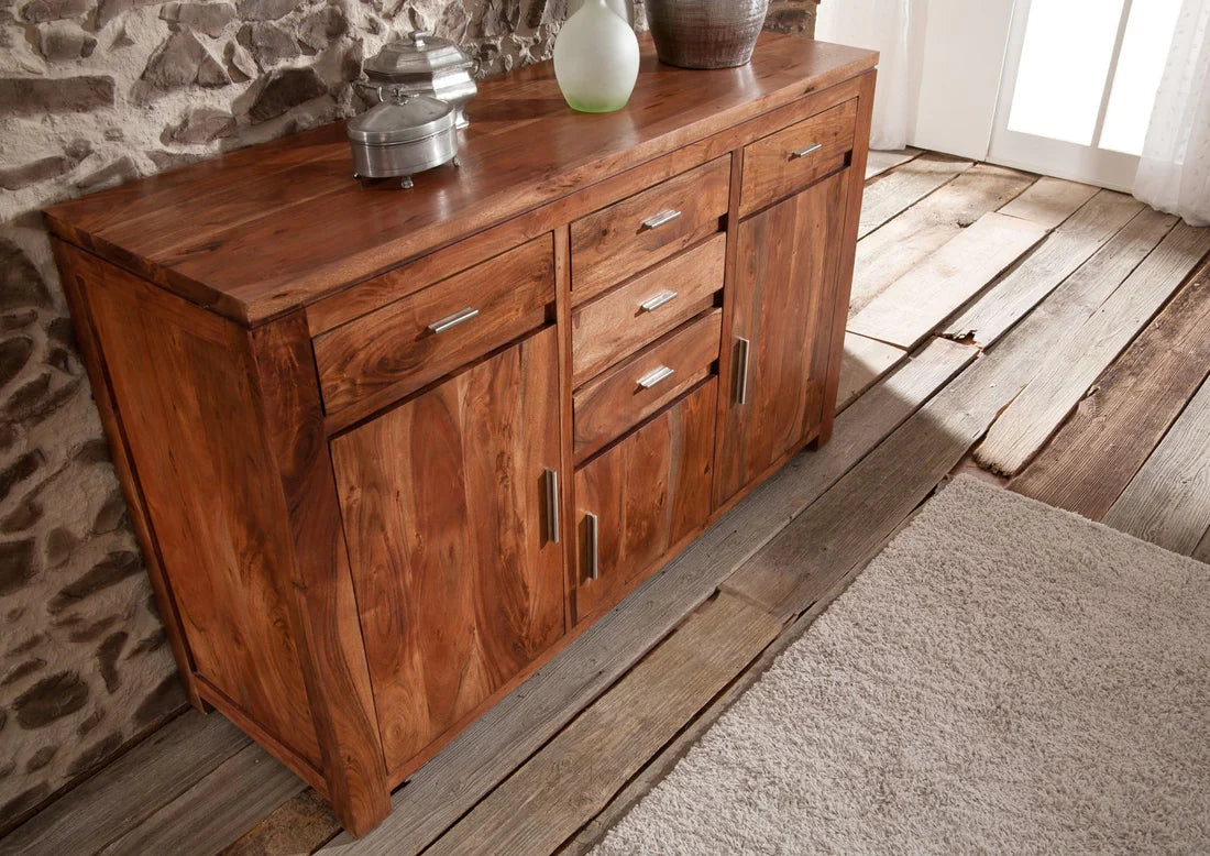 Gfine Solid Acacia Wood Sideboard - 3 Doors & 5 Drawers Storage Cabinet (137x43x88cm) - Perfect for Dining Room, Living Room & Entryway Organization