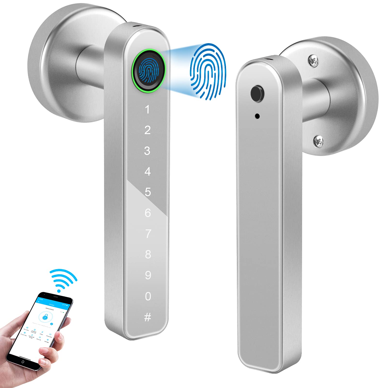 Smart Door Lock - Keyless Entry, Fingerprint & Bluetooth/WiFi App Control, Secure Digital Door Lock with Keypad & Handle for Front Door, Apartment, Office - Silver | Perfect for Home Security & Smart Access Control