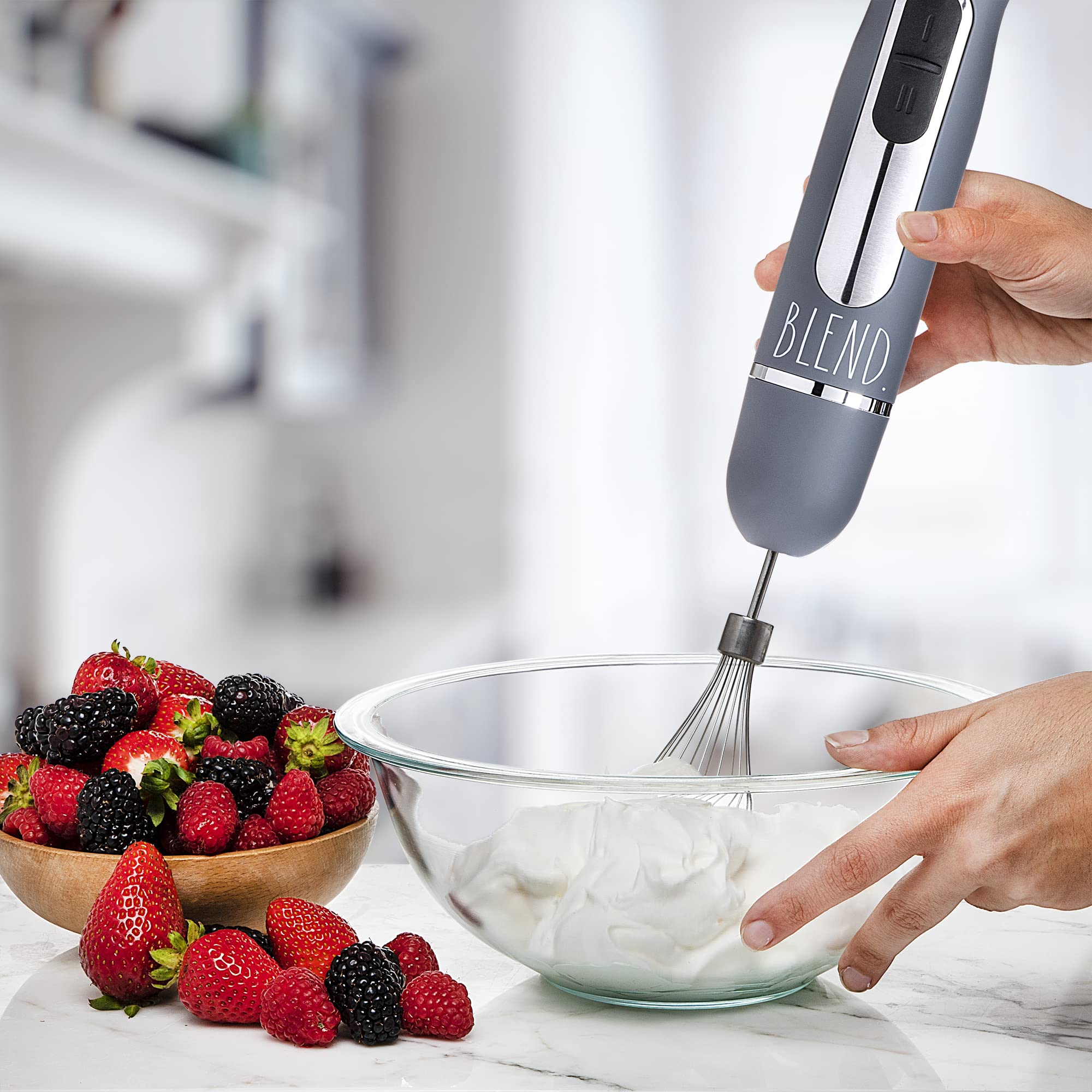 Rae Dunn Immersion Hand Blender 500W - 2-Speed Stainless Steel Handheld Blender with Whisk & Milk Frother Attachments - Perfect for Smoothies, Soups, Baking & Coffee Drinks at Home